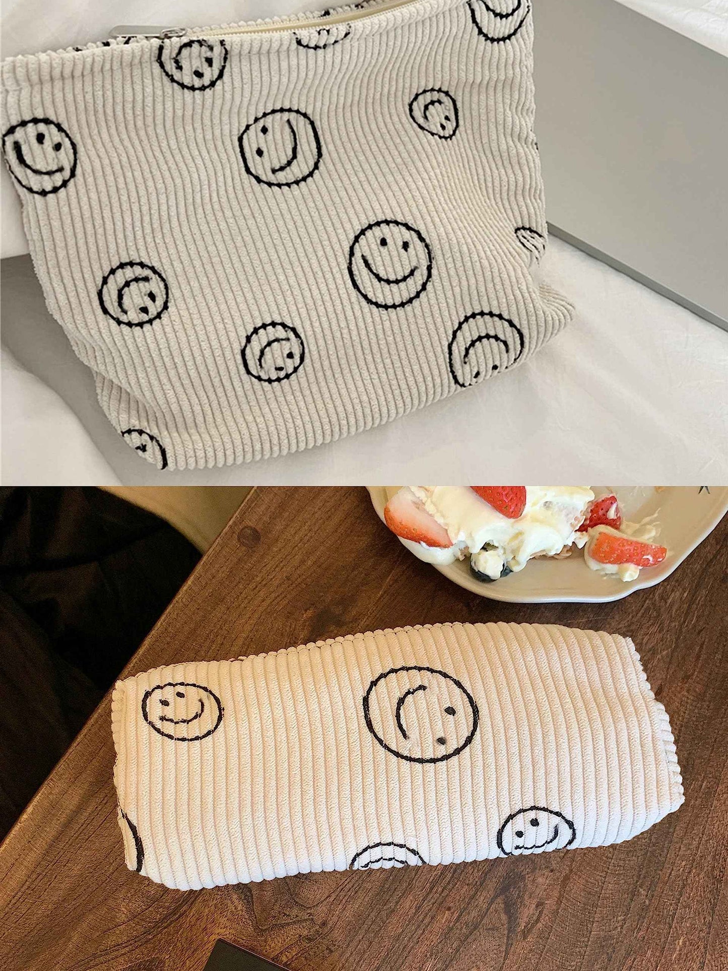 SANYETS 3 Pieces MakeUp Bag Cosmetic Bag,Travel Makeup Bag Set,Cute Smiley Corduroy Make Up Purse with Zipper,Beige White Pencil Pouch,Small Makeup Pouch,Aesthetic Preppy Stuff