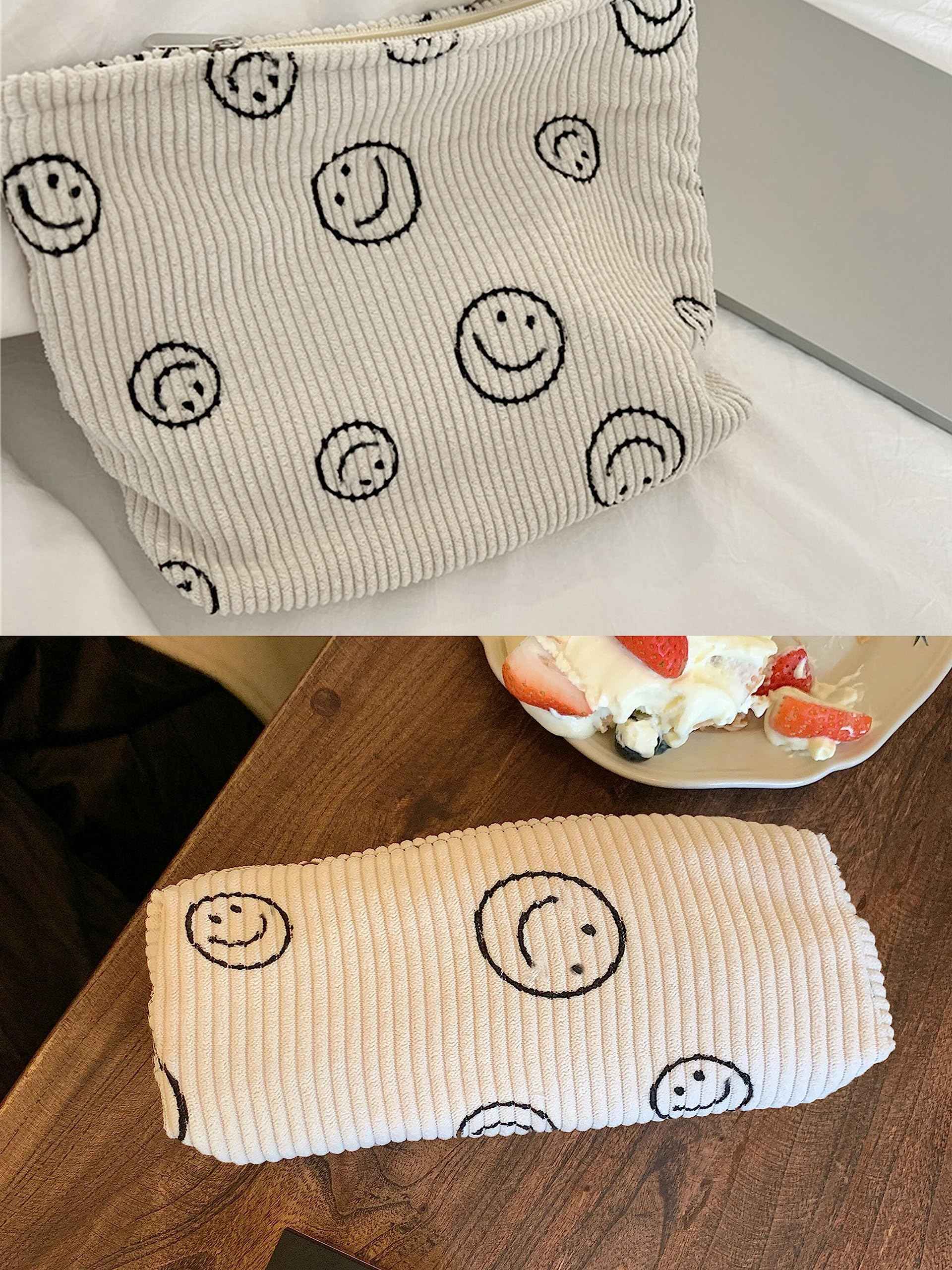 SANYETS 3 Pieces MakeUp Bag Cosmetic Bag,Travel Makeup Bag Set,Cute Smiley Corduroy Make Up Purse with Zipper,Beige White Pencil Pouch,Small Makeup Pouch,Aesthetic Preppy Stuff