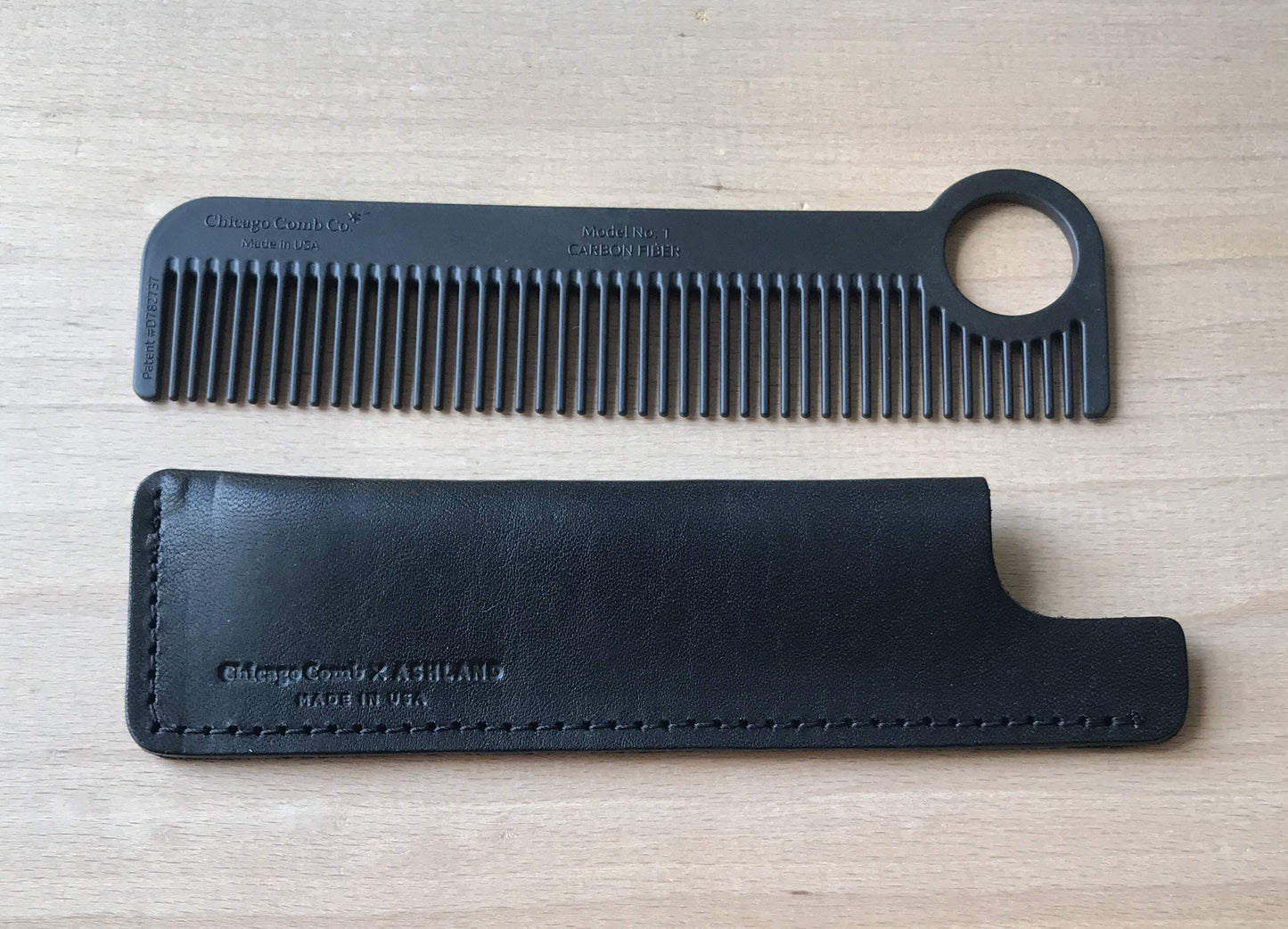 Chicago Comb Model 1 Carbon Fiber + Black Horween leather sheath, pocket and travel comb, Made in USA