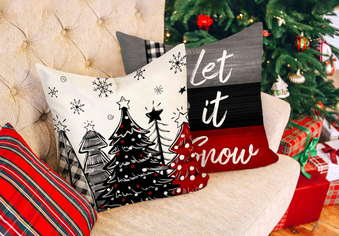 4TH Emotion Christmas Throw Pillow Covers 20 x 20 Inch Set of 4, Xmas Tree Winter Farmhouse Holiday Merry Bright Cushion Case for Home Couch Decoration S23C23-20