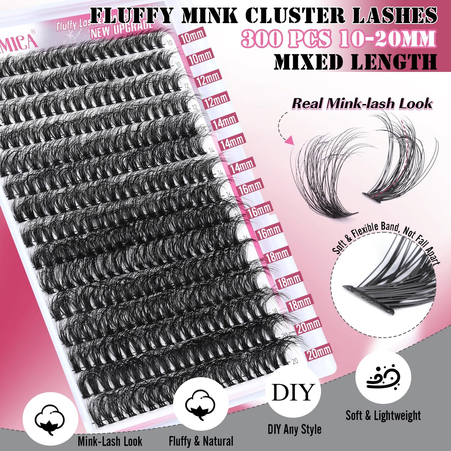 Fluffy Volume Eyelash Extension Kit Mink Lash Clusters 300pcs Individual Lashes Kit 50D Volume 10-20mm Lash Extension Kit with Bond and Seal and Lash Remover and Lash Tools DIY Lash Kit by Yawamica