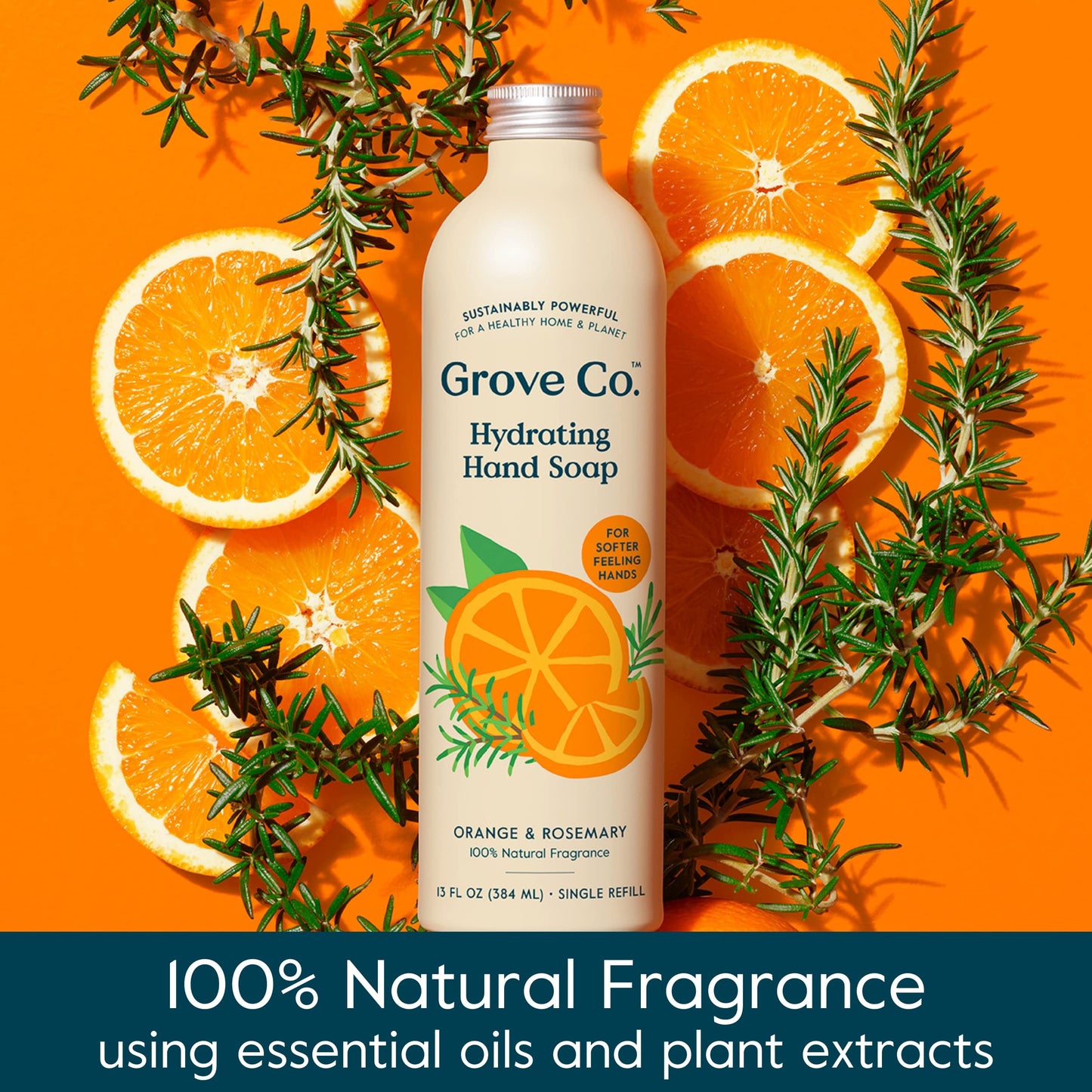 Grove Co. Hydrating Gel Hand Soap Refills (3 x 13 Fl Oz) Plastic-Free Liquid Hands Cleaner Refill Set, Leaves Hands Soft and Clean, 100% Natural Orange & Rosemary Fragrance