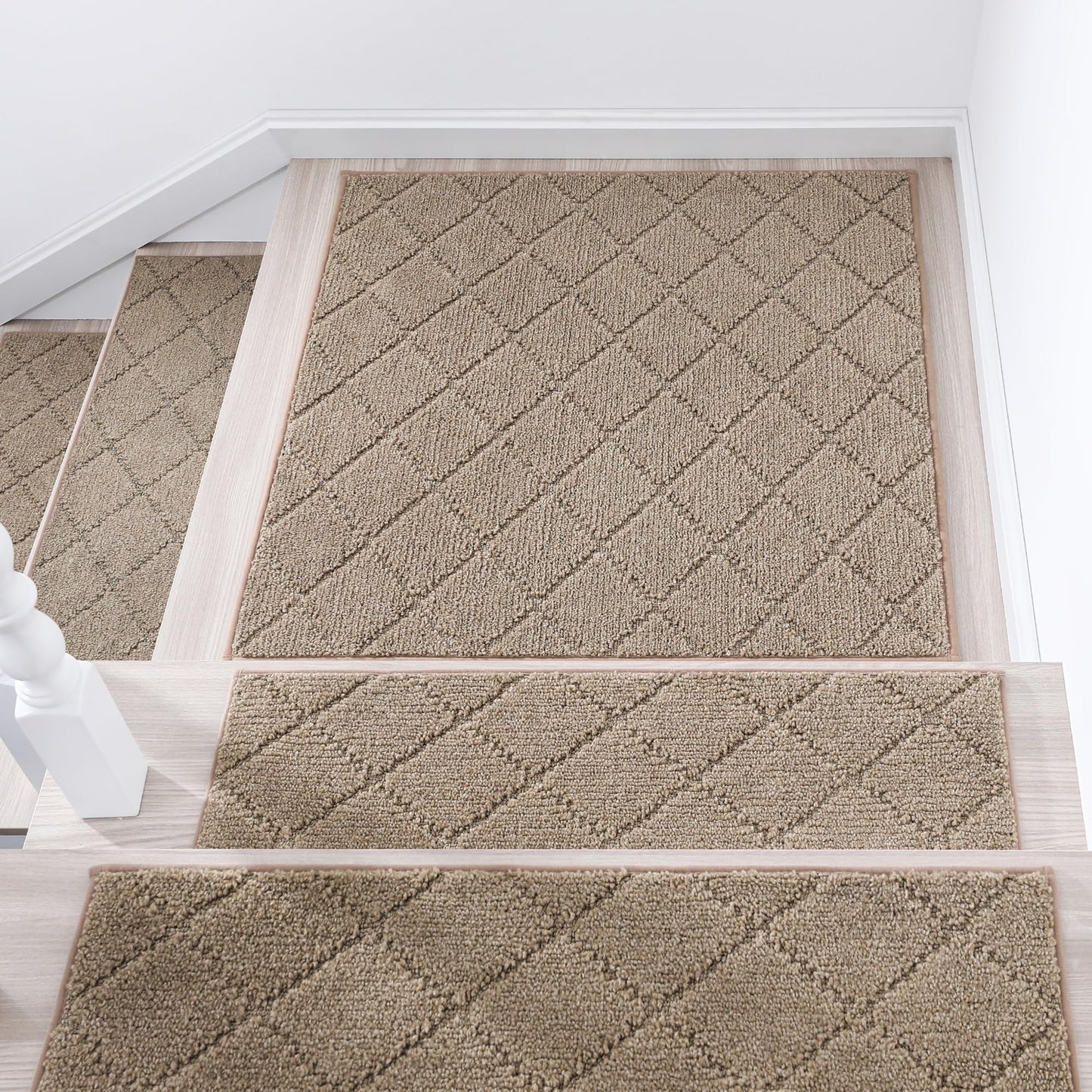 COSY HOMEER Edging Stair Treads Non-Slip Corner Indoor Stair Runners for Wooden Steps,Landing Slip Resistant Stair Rugs Mat for Kids and Dogs,100% Polyester TPE Backing,Beige,30x30 inch