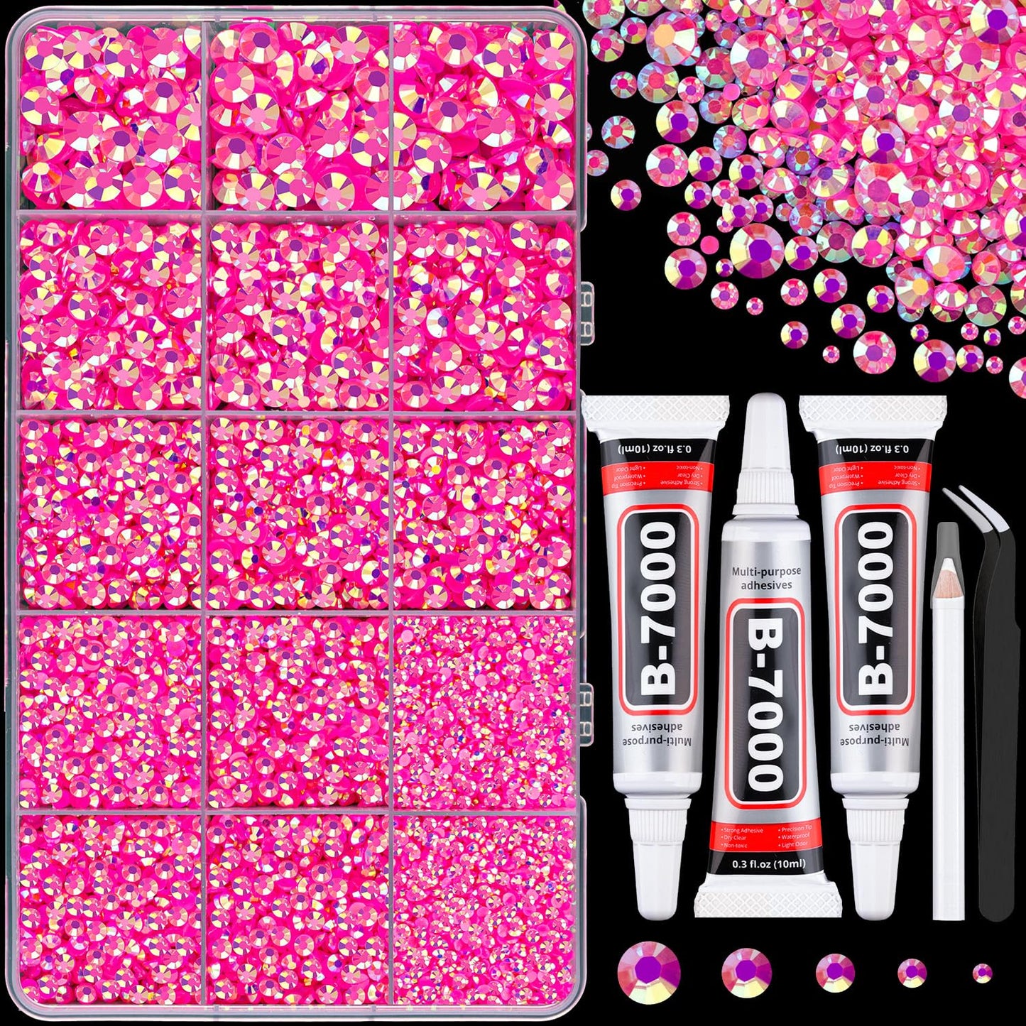 16000Pcs Resin Jelly Rhinestones for Crafting, Hot Pink AB Flatback Gems, Bedazzling Crystal with 3Pcs 10ml B7000 Jewelry Glue for DIY Crafts Clothing Tumblers Shoes Fabric Nail Art