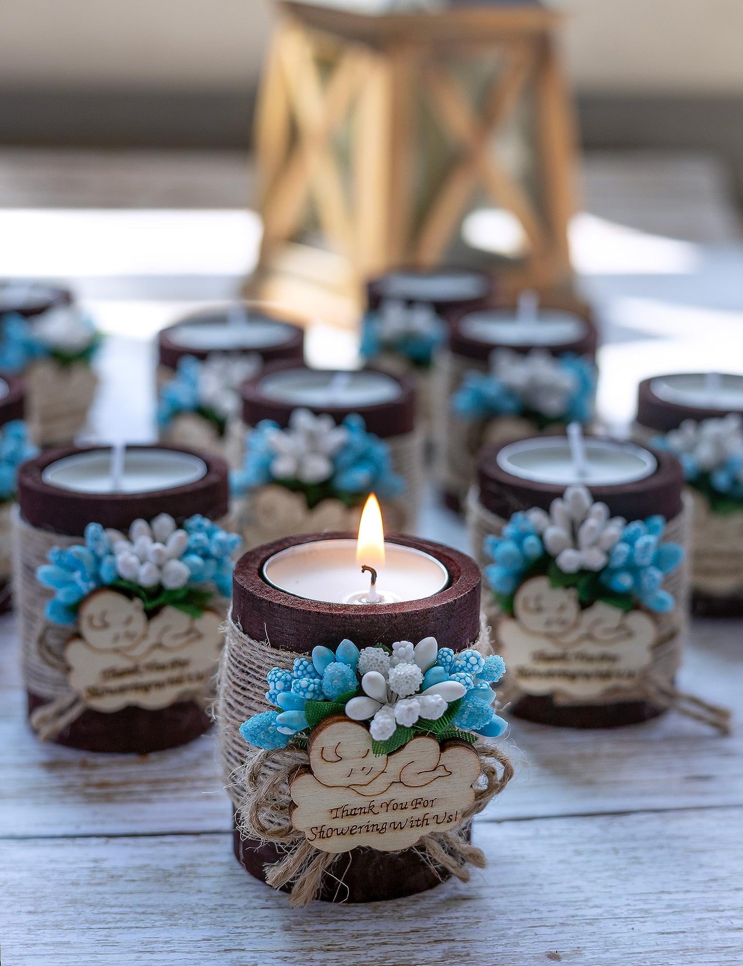 Ju's Favors Wooden Candle Holders (Set of 10), Baby Shower Party Favors for Guests, Boy's Baptism Favors, Baby Christening Party Favors. (Dark-blue baby)