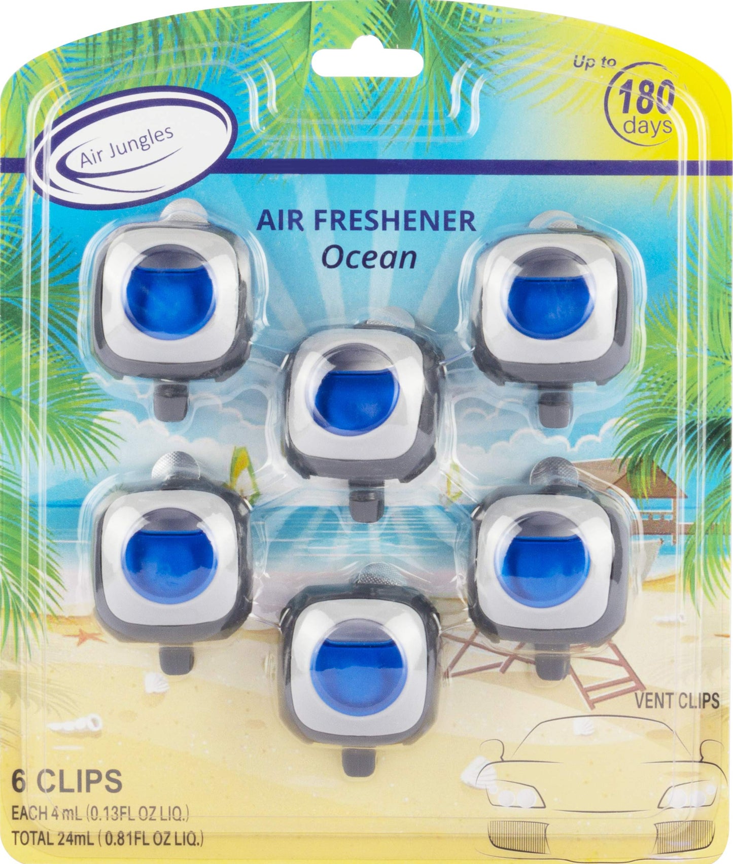 Air Jungles Ocean Scent Car Air Freshener Clip, 6 Car Freshener Vent Clips, 4ml Each, Long Lasting Air Freshener for Car, Up to 180 Days Car Refresher Odor Eliminator