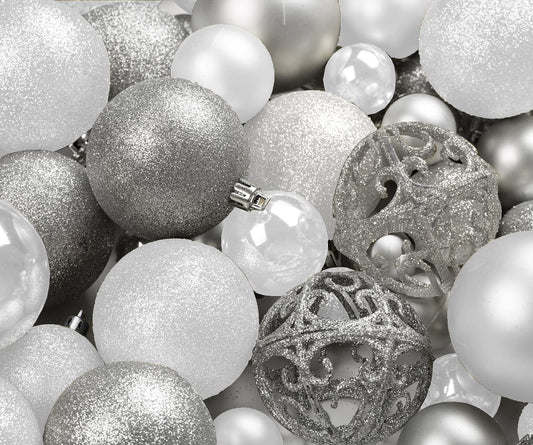 100 Silver and White Christmas Ornament Balls Shatterproof + 100 Metal Ornament Hooks, Hanging Ornaments for Indoor/Outdoor Xmas Christmas Tree, Holiday Party Home Décor 1.2" 1.6" & 2.4"