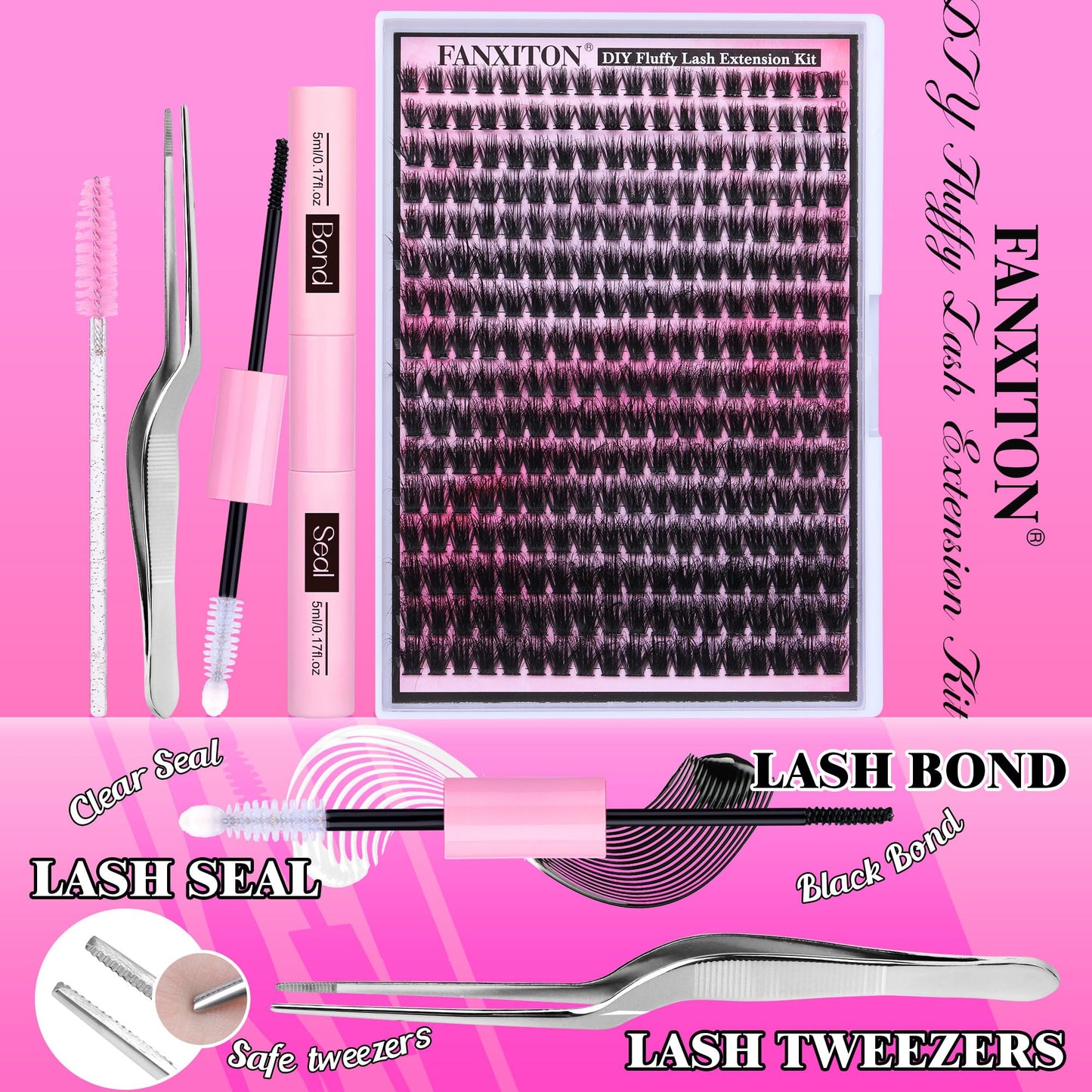 FANXITON DIY Lash Extension Kit Fluffy Lash Clusters 288 pcs Thick Lash Clusters Kit D Curl 10-18 mm Cluster Eyelash Extension Kit with Lash Bond and Seal Lash Tweezers Individual Lashes For Beginners