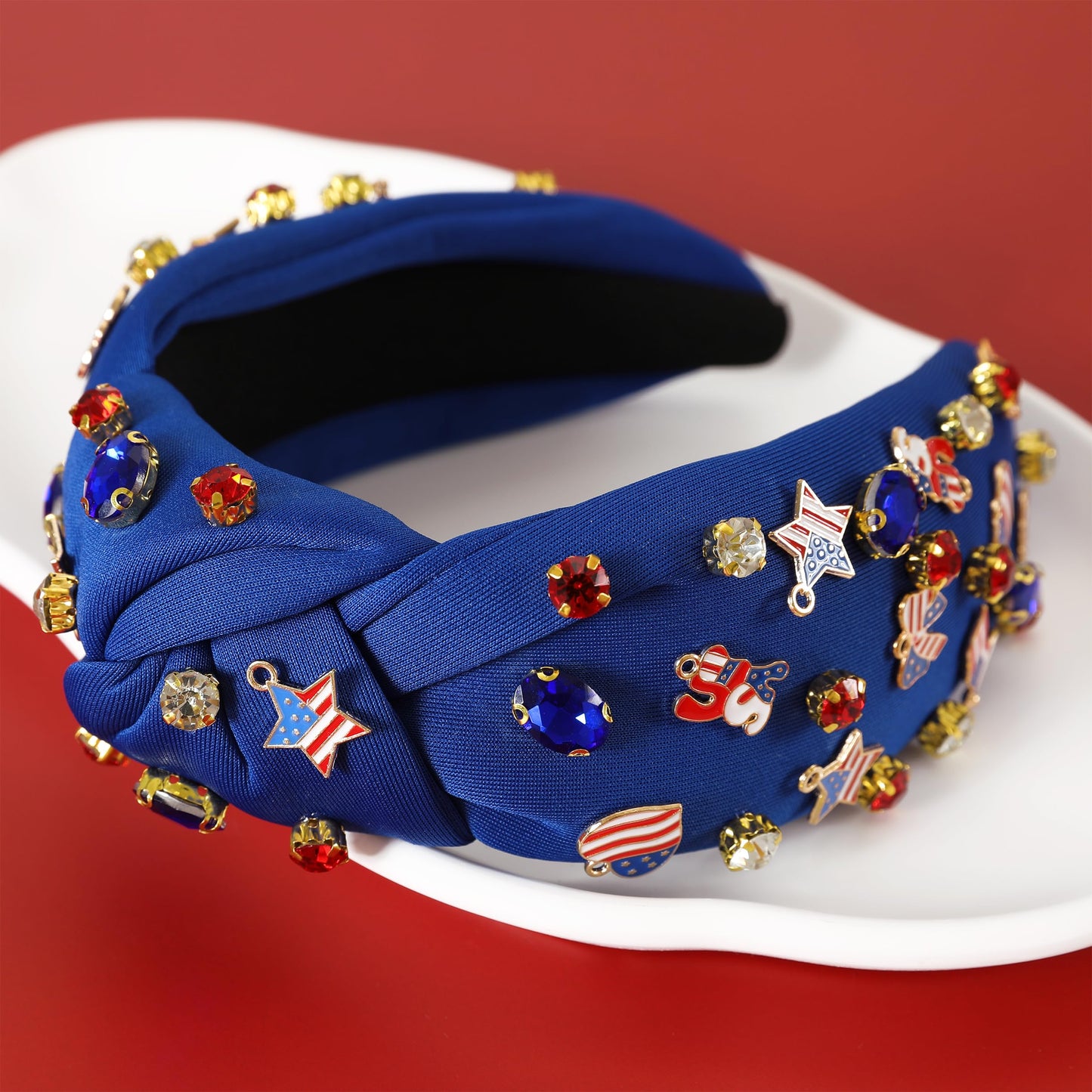 Gmmidea 4th of July American Flag Headband for Women Red White Blue Jeweled Knotted Headband Wide Twisted Star USA Flag Patriotic Headband Fourth of July Hair Accessories Gift(Blue-B)