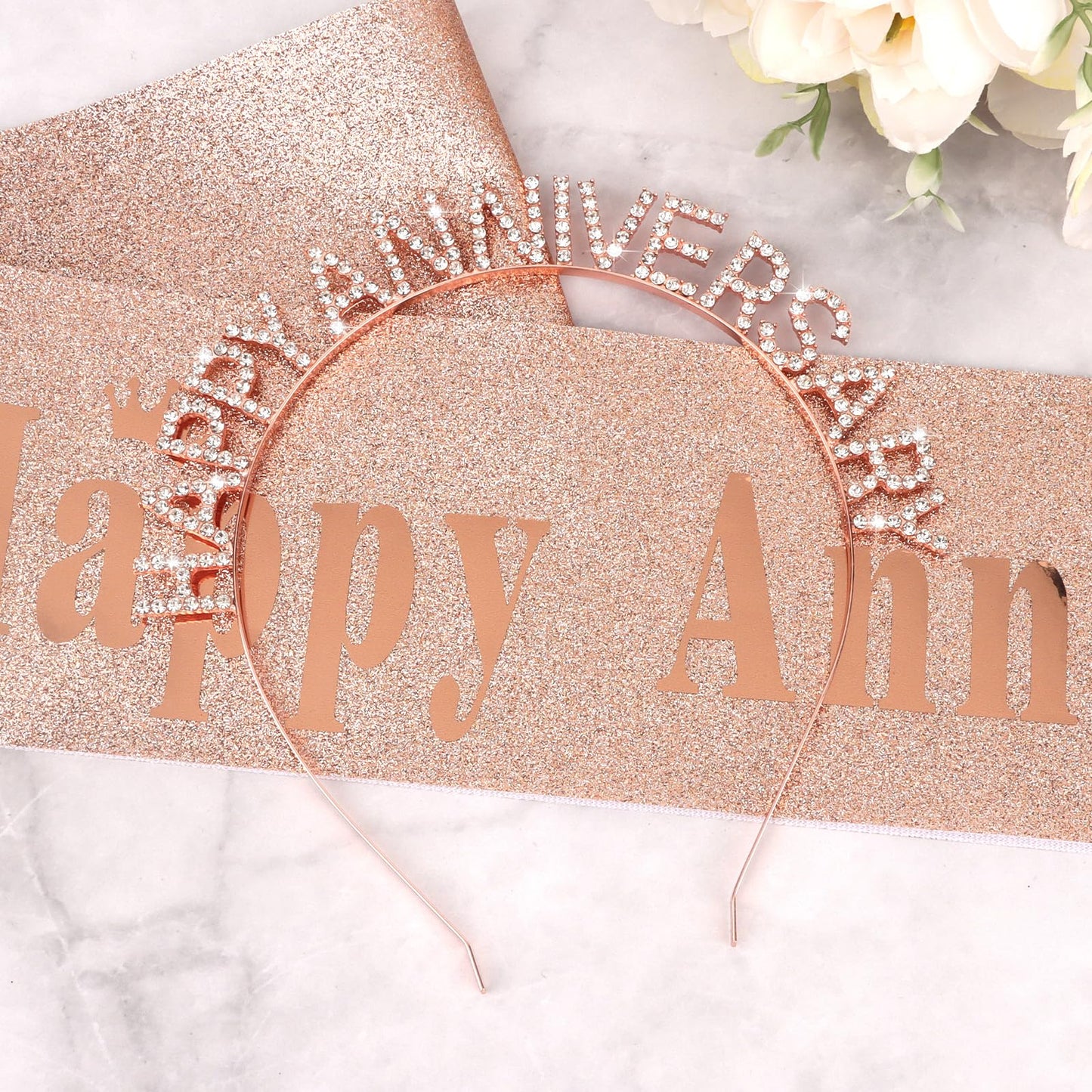 Anniversary Decorations, Rose Gold Happy Anniversary Sash and Crown Set, Anniversary Sash and Headband for Women