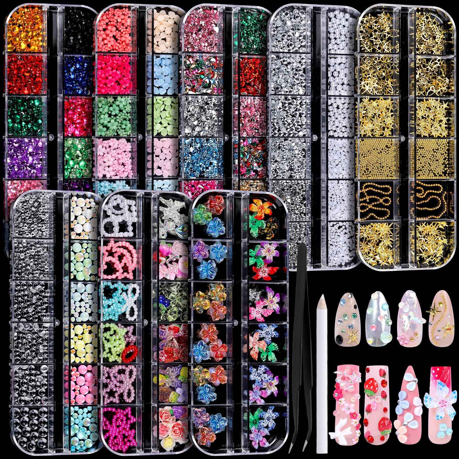 FANDAMEI Nail Charms, 8-Box Nail Charms and Gems, Fruit Bow Hawaii Flowers Petals 3D Nail Art Charms Bulk, Charms Y2K for Nails, Colorful Bubble Beads Nail Rhinestones, Gold Studs Nail Pearls for DIY