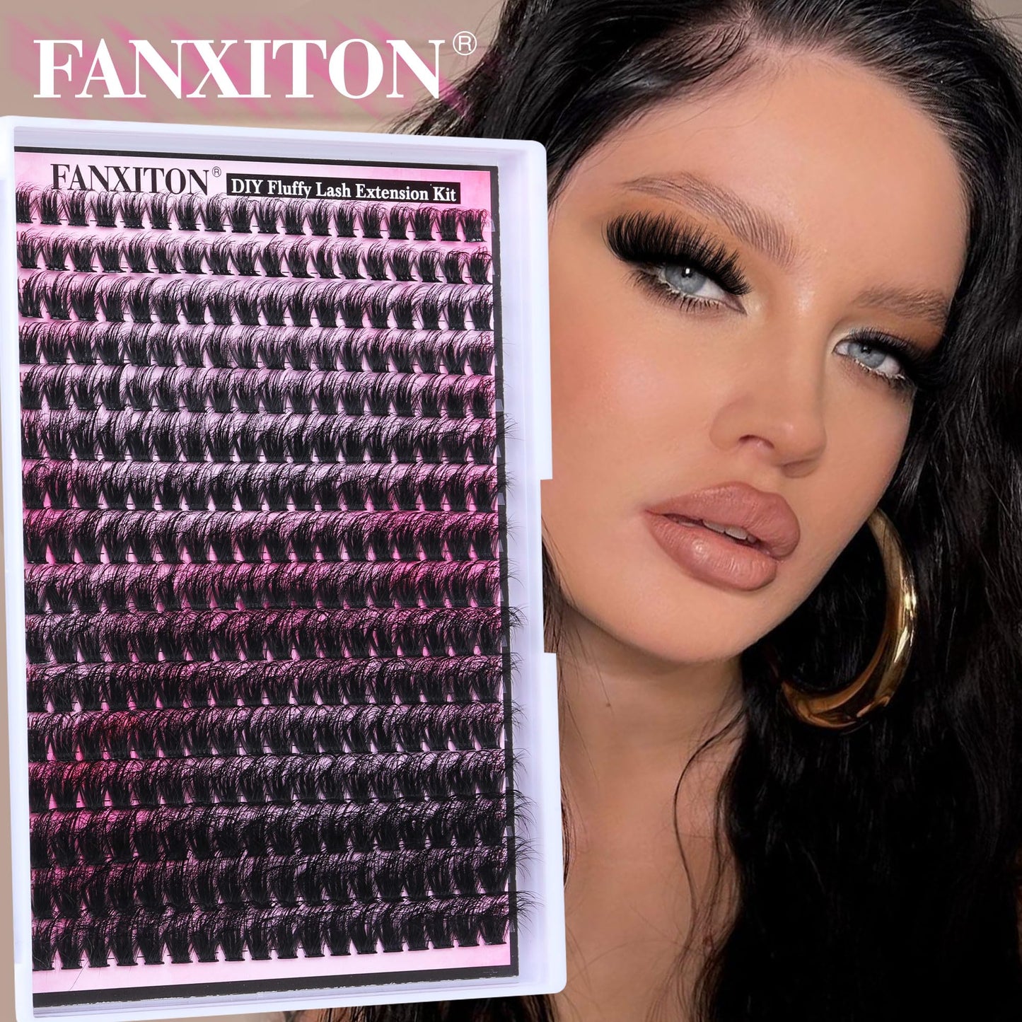 FANXITON DIY Lash Extension Kit Fluffy Lash Clusters 288 pcs Thick Lash Clusters Kit D Curl 10-18 mm Cluster Eyelash Extension Kit with Lash Bond and Seal Lash Tweezers Individual Lashes For Beginners