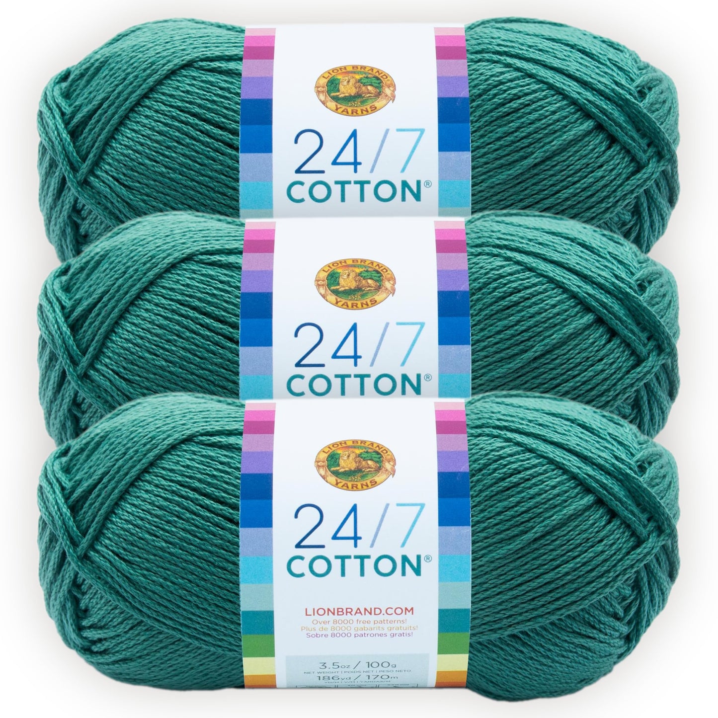 Lion Brand 24/7 Cotton Yarn, Lightweight Yarn for Knitting, Crocheting, and Crafts, Jade, 3 Pack