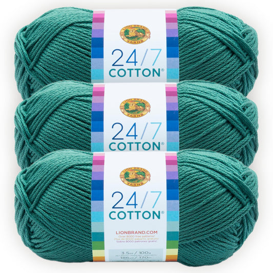 Lion Brand 24/7 Cotton Yarn, Lightweight Yarn for Knitting, Crocheting, and Crafts, Jade, 3 Pack