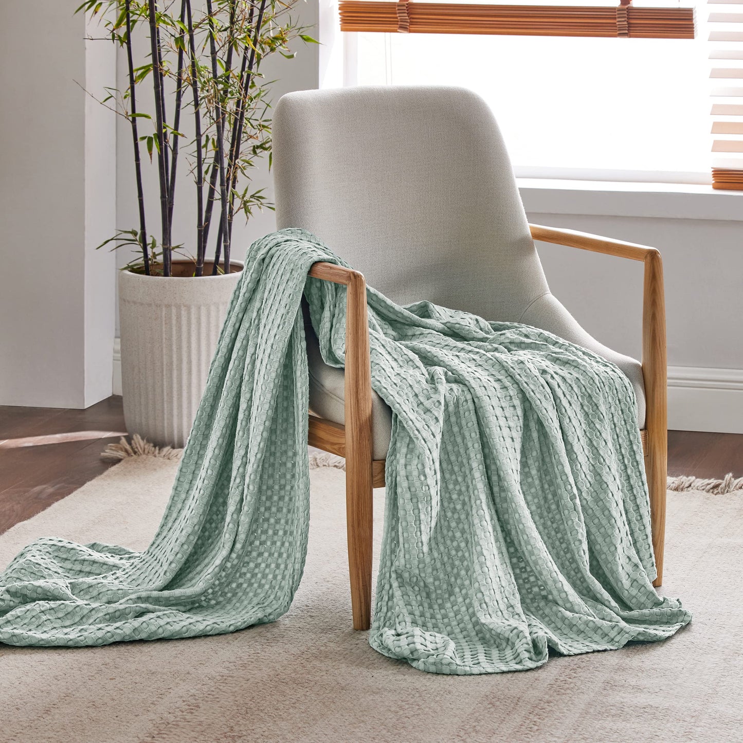 Bedsure Cooling Cotton Waffle Weave Blanket - Lightweight Breathable Blanket of Rayon Derived from Bamboo for Hot Sleepers, Luxury Throws for Bed, Couch and Sofa, Sage Green, 50x70 Inches