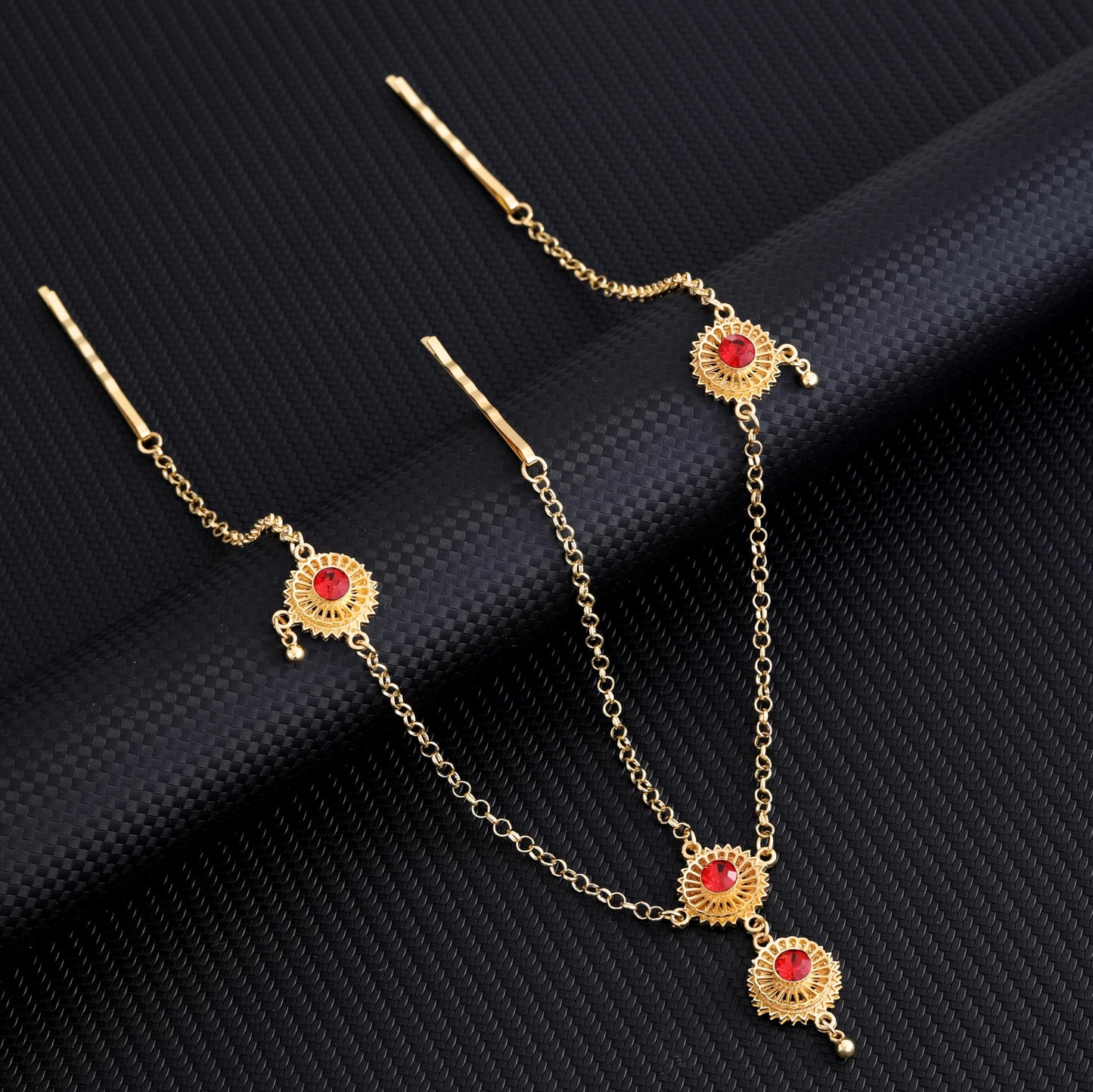 WUZETIAN Exquisite Bohemian 24K Alluvial Gold Women Jewelry Headpieces: Intricate Hollow Treasures (red)