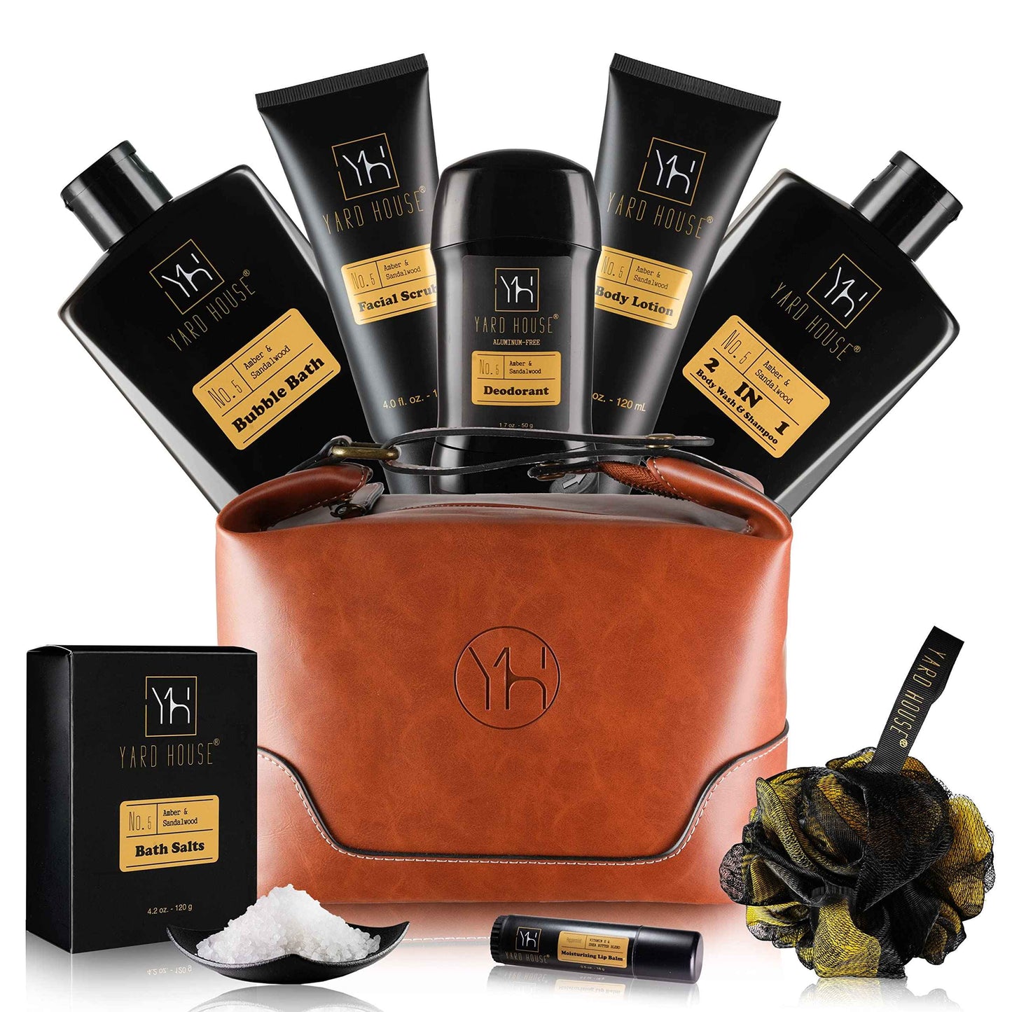 YARD HOUSE Bath and Body Gift Set for Men - Sandalwood Amber - Birthday, Christmas, Fathers Day Gifts From Wife Daughter Son for Husband, Dad - Relax Spa Kit w. Full Size Items in Deluxe Toiletry Bag