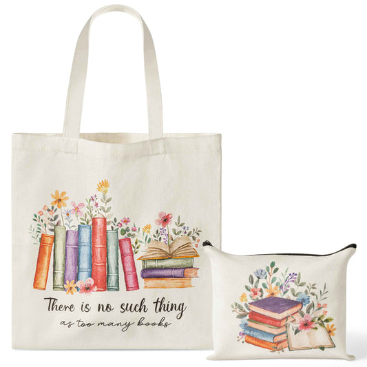 Y1tvei Aesthetic Canvas Tote Bag - 2Pcs Colorful Reading Canvas Cosmetic Bag Set There Is No Such Thing As Too Many Books Tote Bag Makeup Reusable Grocery Bags Black to School Gift for Women Girls