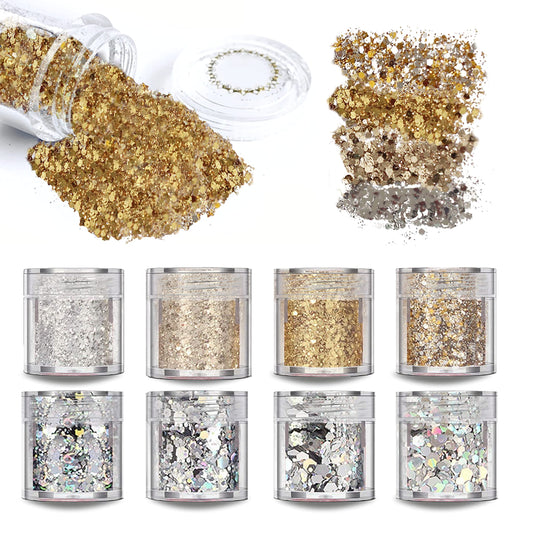 SAIFTRAD Nail Glitter-8 Jars 10ml Holographic Hexagon Gold Silver Nails Art Glitter, Cosmetic Chunky Glitter Iridescent Flake Paillette for Face, Eyes, Hair, Jewellery, Resin and Craft.