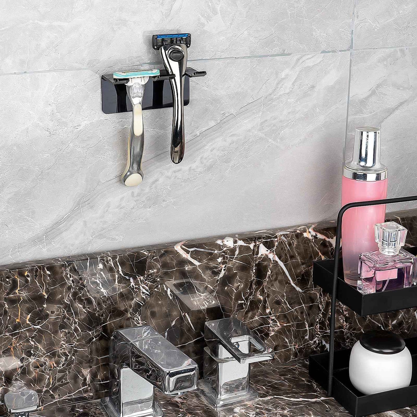 LUEXBOX 2 Pack Safety Razor Holder for Shower Wall, Self Adhesive Razor and Brush Stand for Bathroom, Shaving Brush Stand Compatible with Fusion 5 Proglide, Mach 3 Classic(Black Clear)