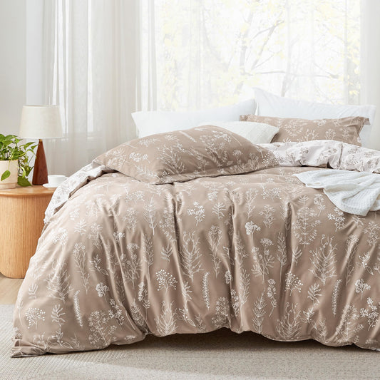 Bedsure Twin/Twin XL Comforter Set Dorm Bedding - Light Taupe Comforter, Floral Twin/Twin Extra Long Bedding Comforter Set, 2 Pieces, 1 Reversible Botanical Flowers Comforter and 1 Pillow Sham