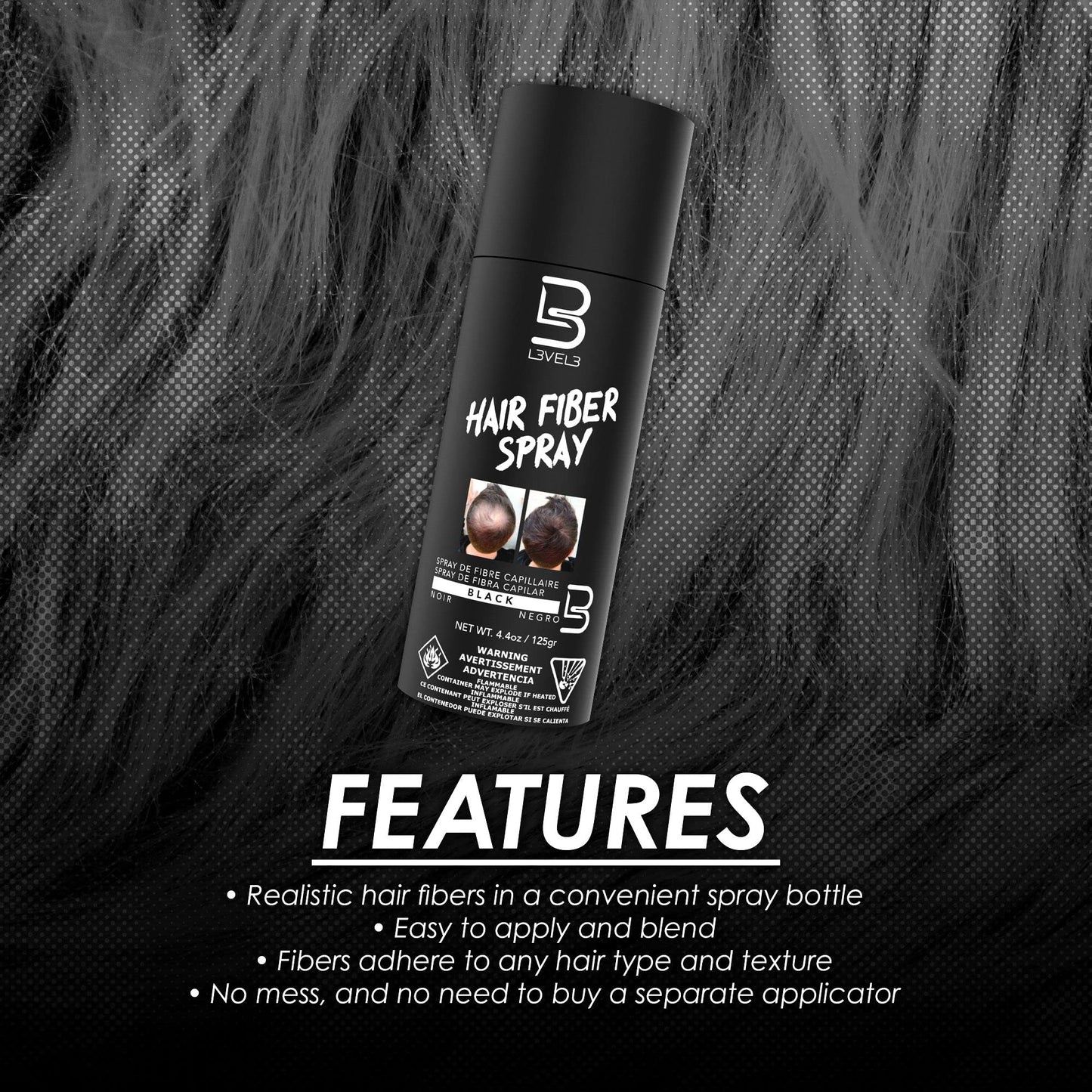 Level 3 Black Hair Fiber Spray - Cover Bald Spot or Thinning Hair - Natural Looking Finish - Instant Grey Coverage and Thicker Hair