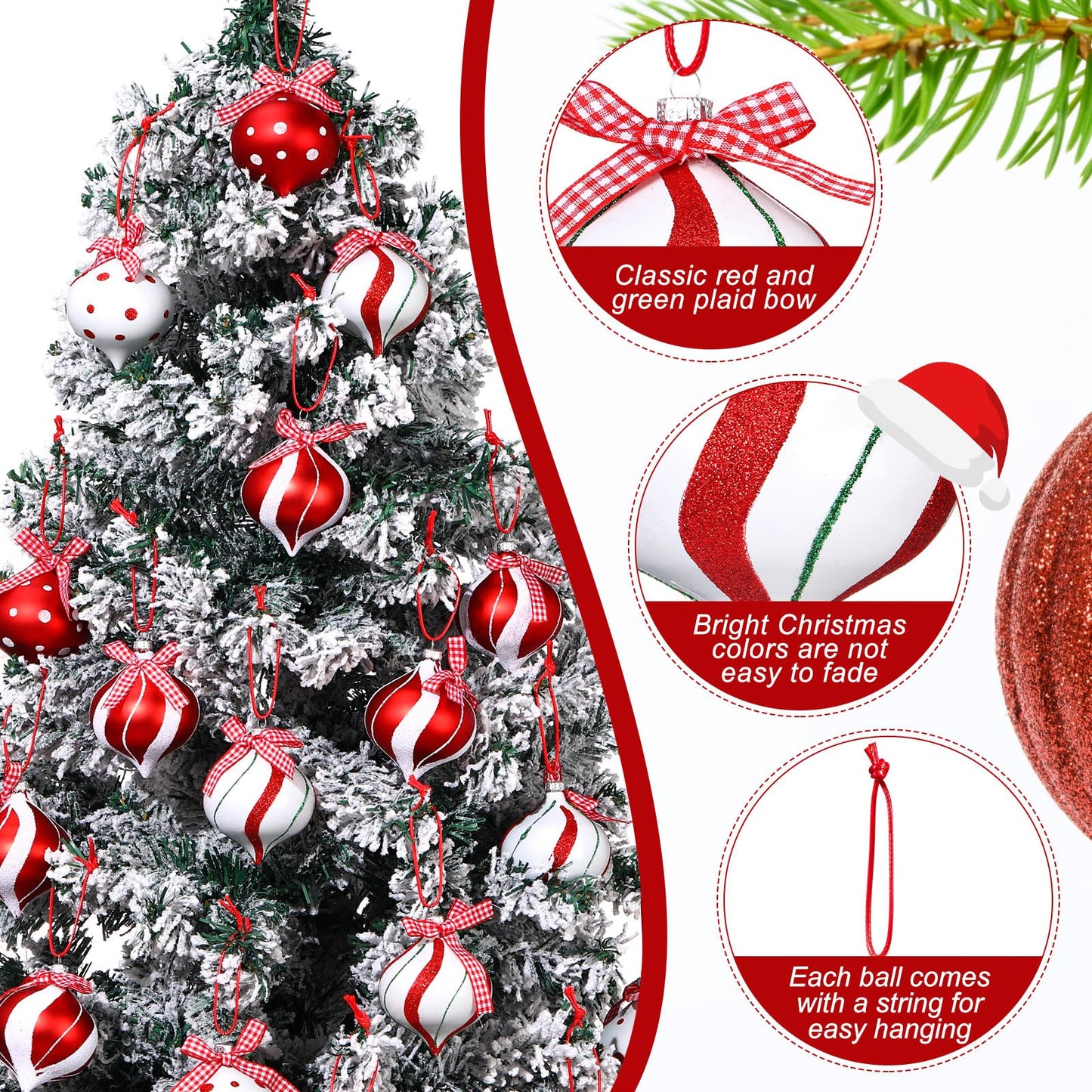 Syhood 24 Pcs Christmas Peppermint Candy Ornament Set with Bows Shiny Striped Hanging Candy Ball Decorations Candy Christmas Decorations for Xmas Tree Party Holiday(Classic,2.56 Inches)