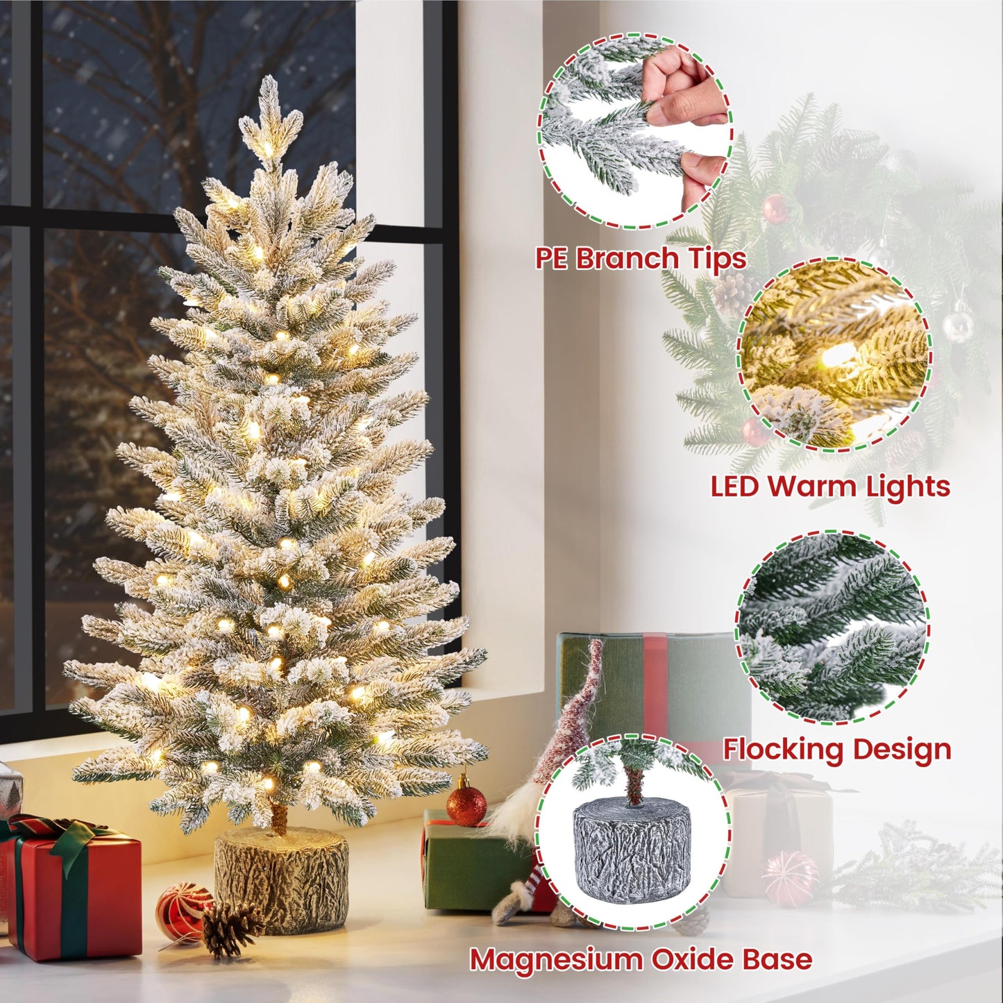 Yaheetech 3FT Pre-lit Potted Flocked Christmas Tree, Snow Frosted Mini Tabletop Artificial Christmas Tree with 50 Warm White LED Lights and 355 PE Branch Tips for Holiday Decoration