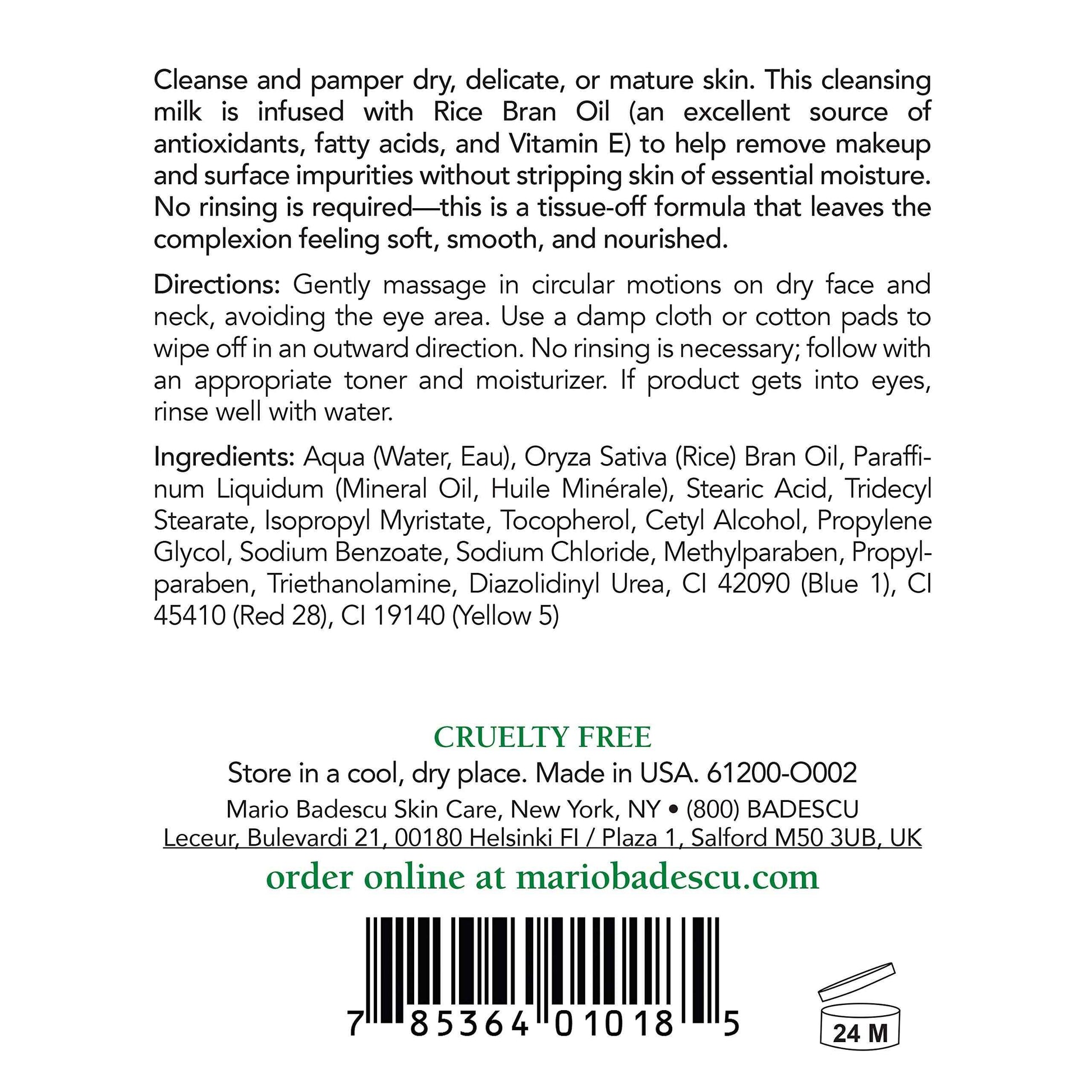 Mario Badescu Cleansing Milk with Carnation, Rice Oil & Vitamin E - No Rinse Liquid Makeup Remover Cleanser with Milky Formula For Skin Care and Gentle Cleansing Experience, 16 Fl Oz