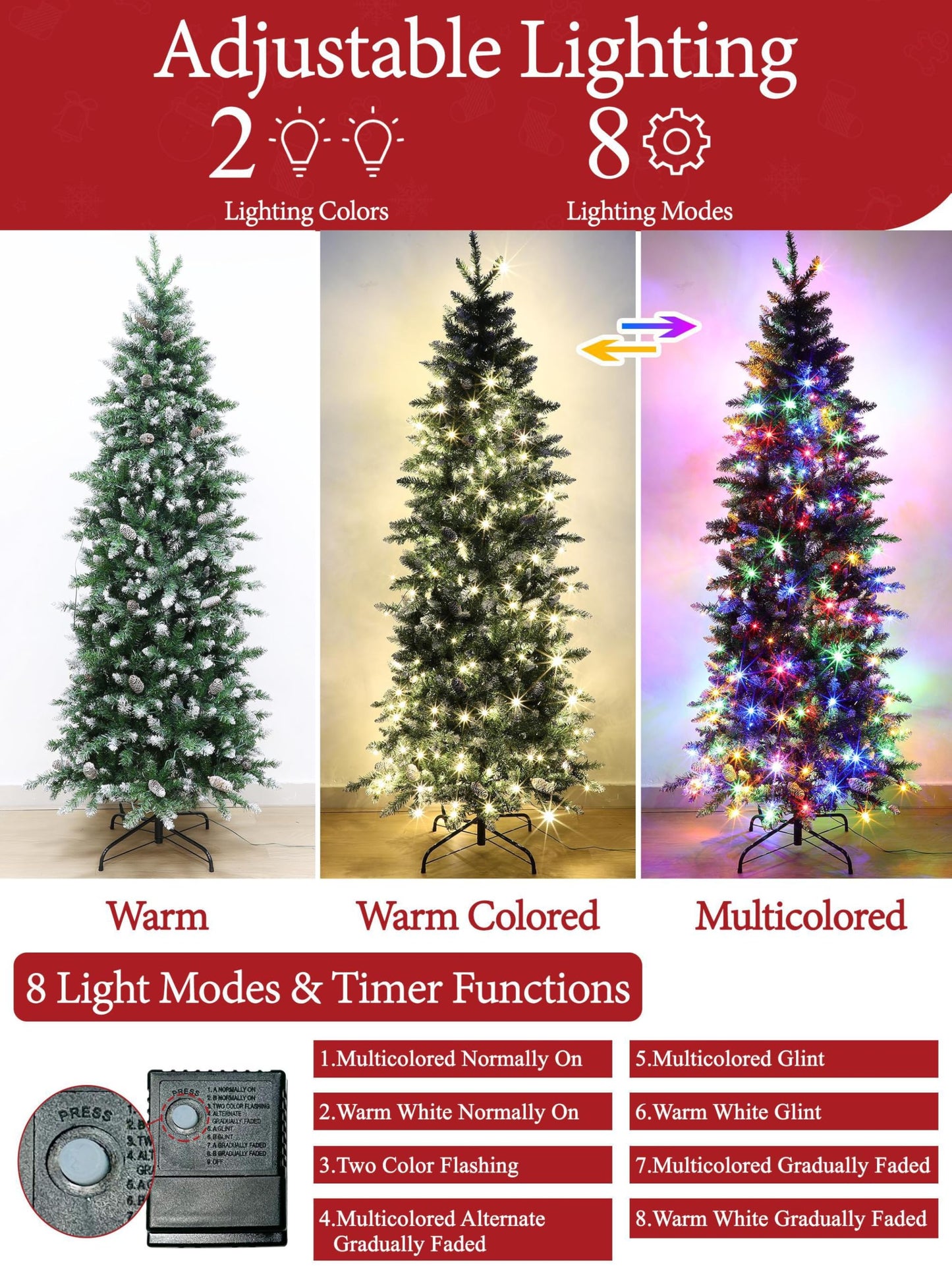 6 Ft Prelit Slim Fraser Fir Artificial Christmas Tree with UL 250 Warm White&Colorful Lights Timer 8 Mode,856 Lifelike PVC Branch Tips,36 Pinecone,Metal Stand &Hinged Branches,Skinny Pencil Xmas Tree