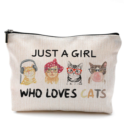 QGFM Cat Makeup Bag,Funny Cat Gifts Makeup Bag With Zipper,Cats Gifts for Women,Just A Girl Who Loves Cats Cosmetic Bag