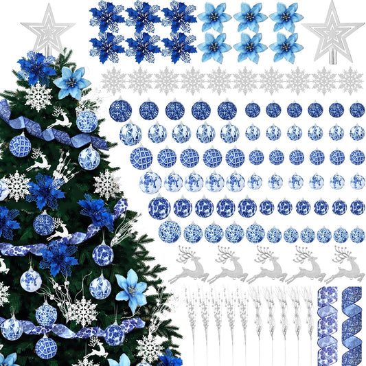 RoundFunny 106 Pcs Christmas Tree Decorations Set, Assorted Chinoiserie Ball Ornaments Wired Edge Ribbon Artificial Blue Glitter Poinsettia Silver Berry Stems for Xmas Party Holiday Wedding Home Decor