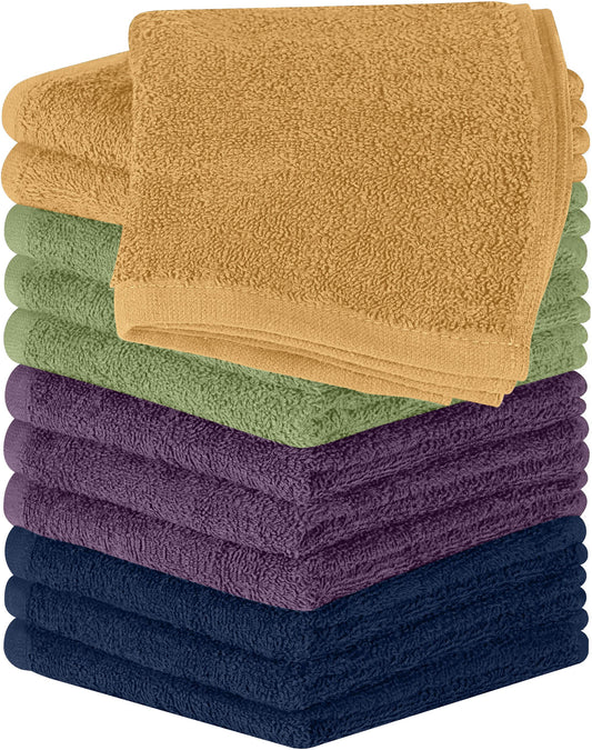 Utopia Towels 12 Pack Cotton Washcloths Set - 100% Ring Spun Cotton, Premium Quality Flannel Face Cloths, Highly Absorbent and Soft Feel Fingertip Towels (Beige, Plum, Sage Green, Navy)