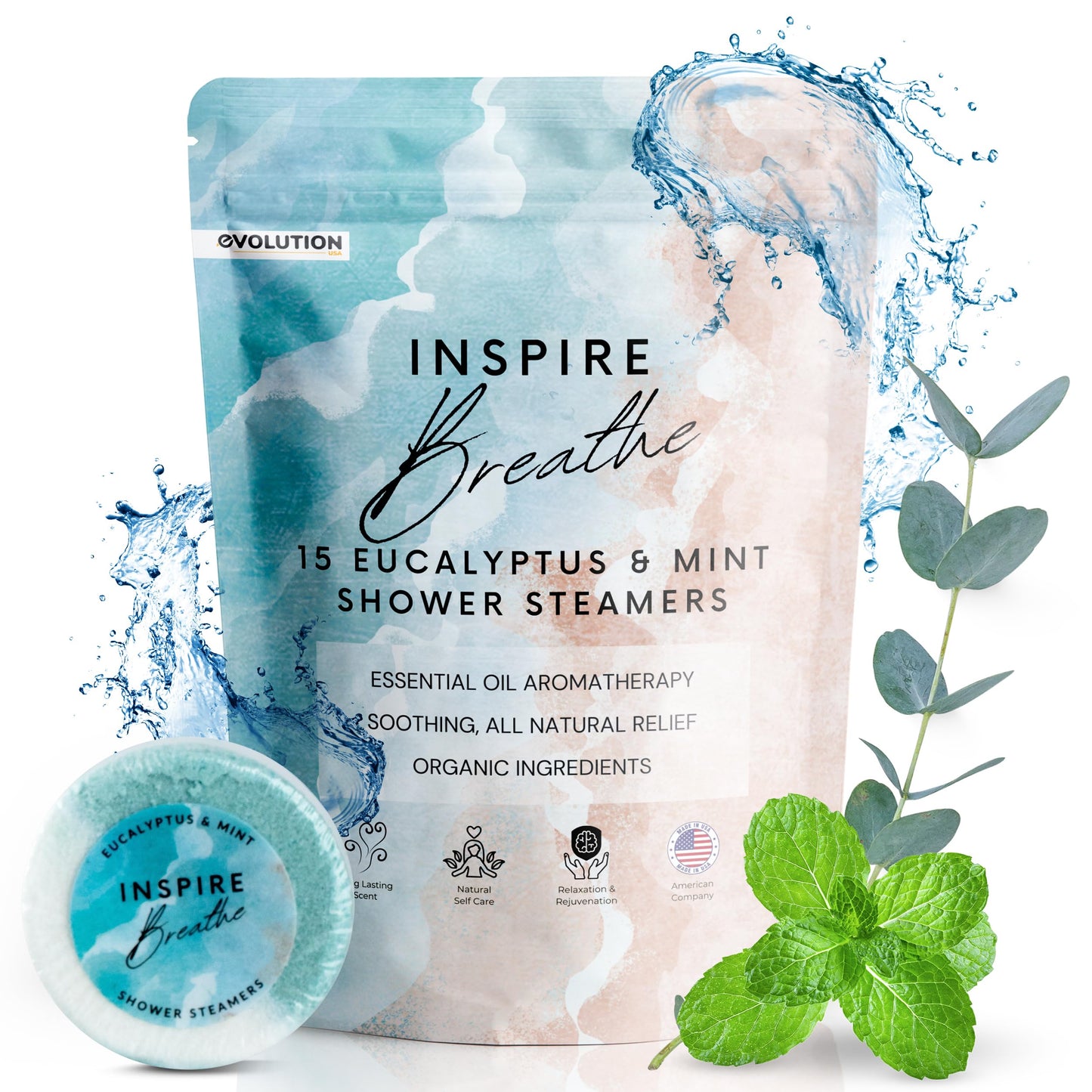 15 Inspire Breathe Shower Steamers for Sinus Relief, Eucalyptus & Mint Shower Tablets Aromatherapy, Women Shower Steamers Breathe Easy, Organic Shower Steamers for Women, Shower Tabs for Sinus Relief