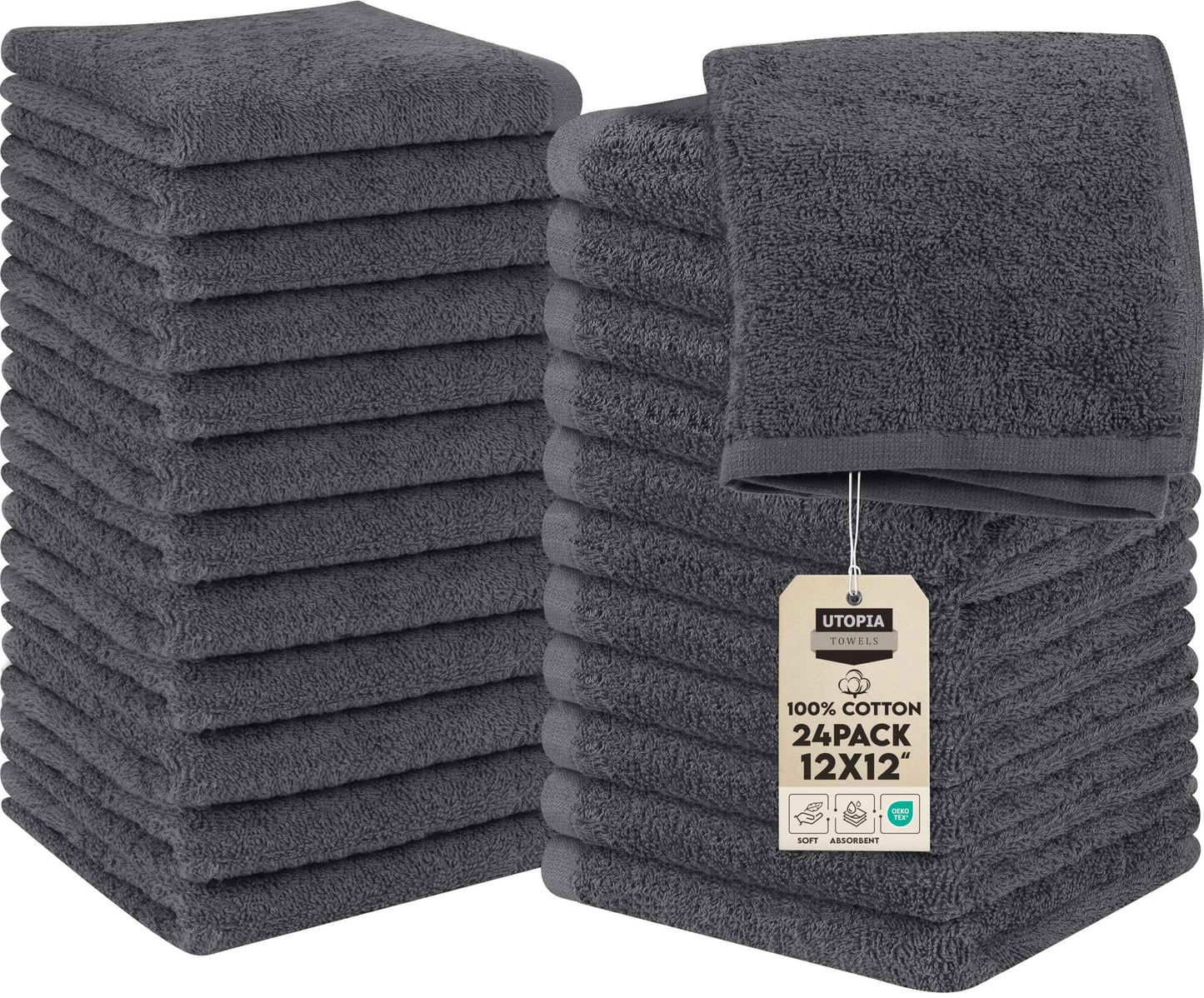 Utopia Towels 24 Pack Cotton Washcloths Set, 100% Ring Spun Cotton, Premium Quality Flannel Face Cloths, Highly Absorbent and Soft Feel Fingertip Towels, Grey