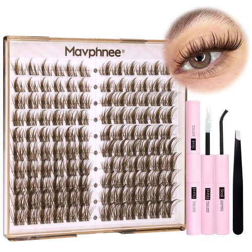 Brown Lash Clusters Kit Dark Brown Eyelash Clusters 120 Pcs Natural Lash Extension Kit 10-16MM CC Curl Individual Lashes Kit with Lash Bond and Seal Lash Glue and Tweezers by Mavphnee