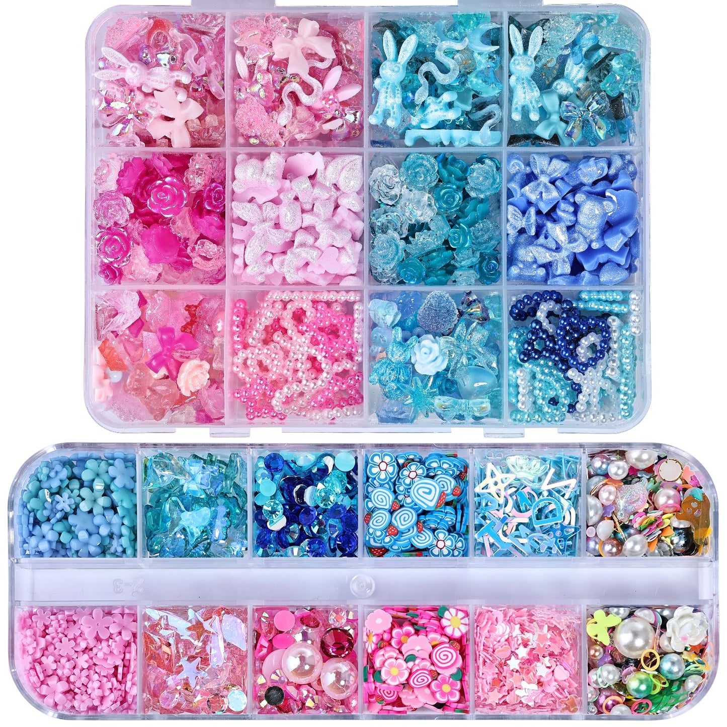 Kikonoke 1400 Pieces 3D Butterfly Rose Flower Bow Rabbit Bear Nail Charms Kit with Nail Art Rhinestones Pearls Crystal Gems Nail Slices for Manicure DIY Crafts Jewelry Accessories (Pink Blue)