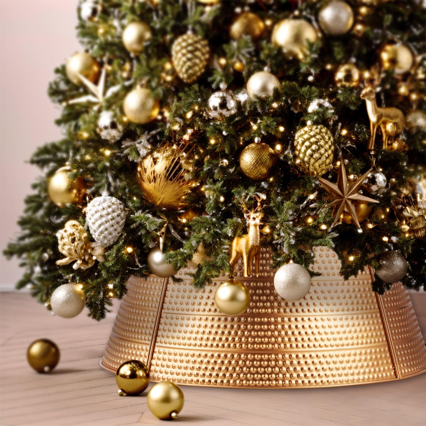 Christmas Tree Collar and Skirt Set - 23" Festive Holiday Decor with Gold Metal Tree Collar Base Stand - Ideal for Real or Artificial Trees - Christmas Skirt Tree Basket Decorations Gift