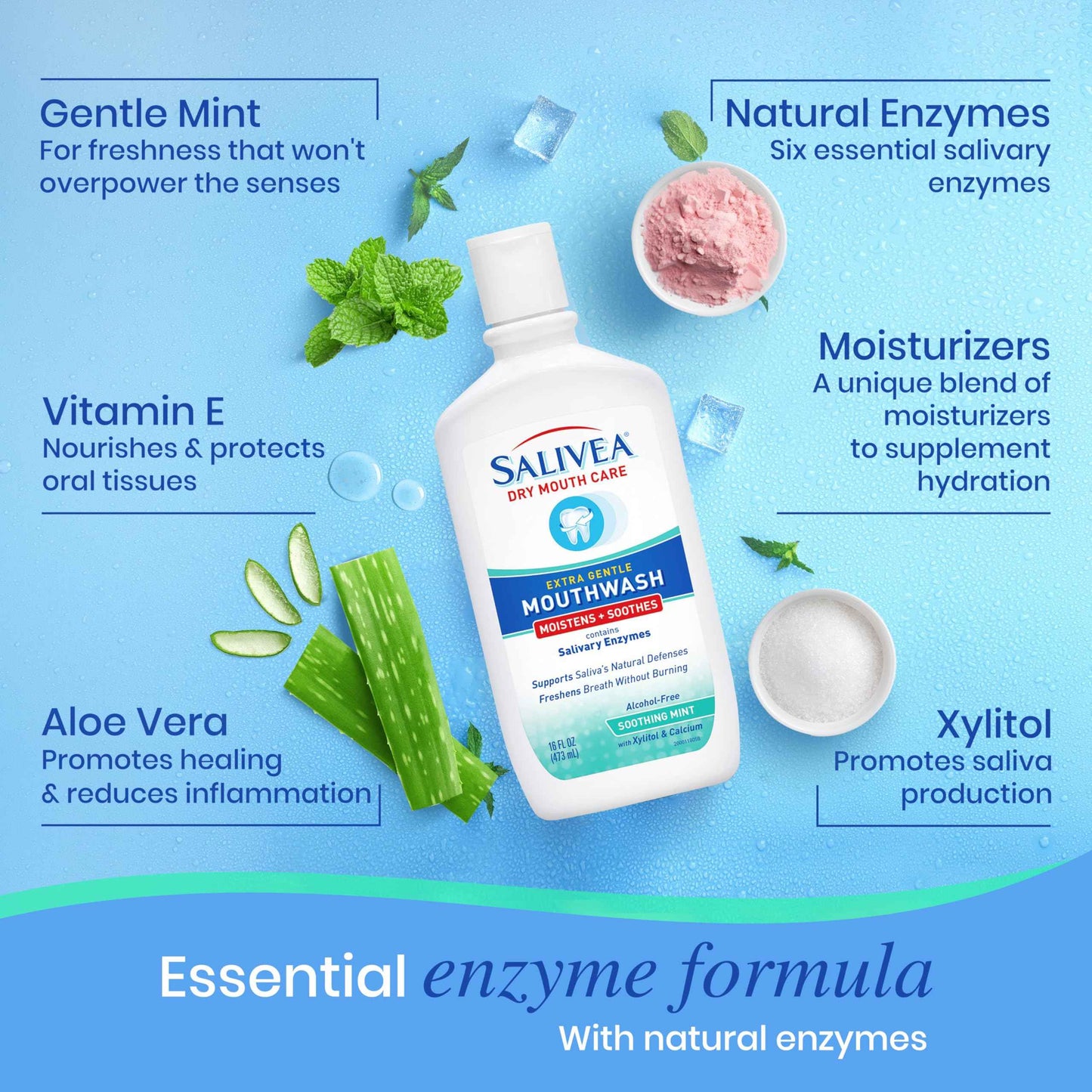 SALIVEA Dry Mouth Mouthwash - Soothing Mint Mouthwash with Natural Salivary Enzymes - Breath Freshener & Dry Mouth Care - Mint Flavor (2 Pack)