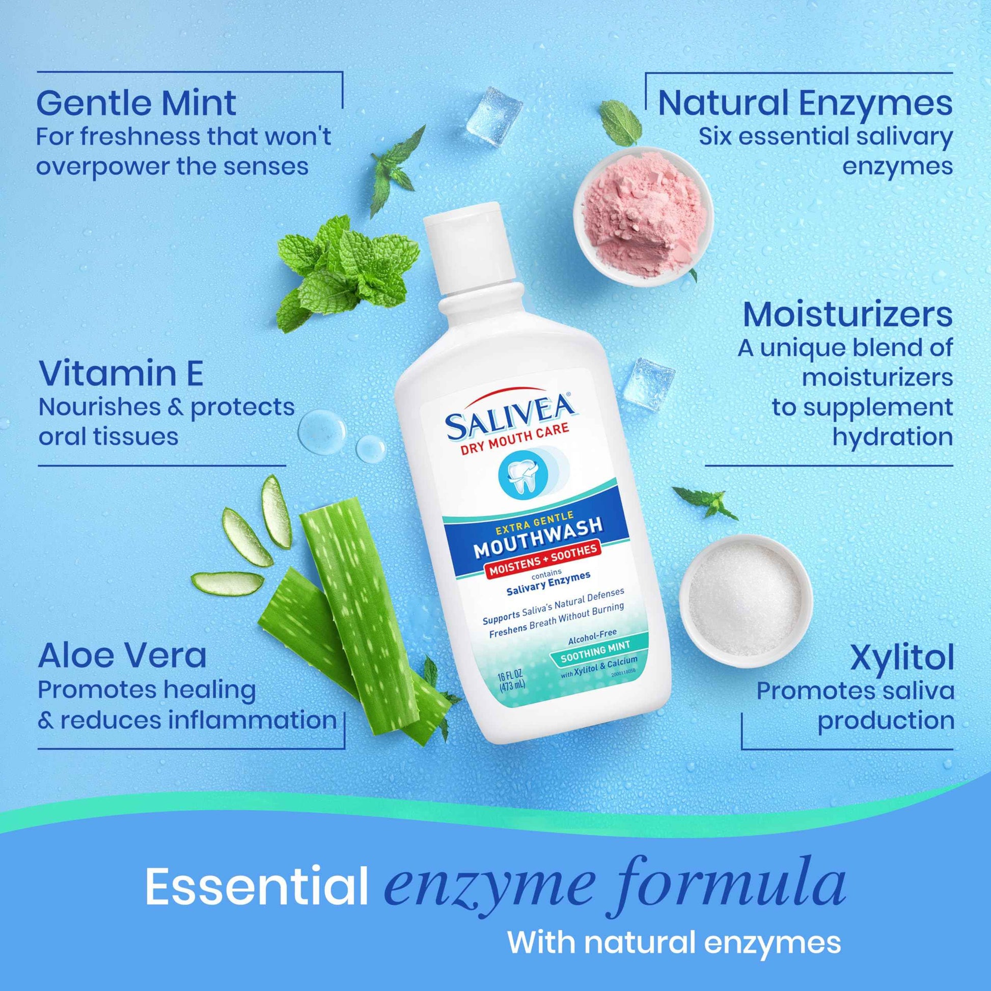 SALIVEA Dry Mouth Mouthwash - Soothing Mint Mouthwash with Natural Salivary Enzymes - Breath Freshener & Dry Mouth Care - Mint Flavor (2 Pack)