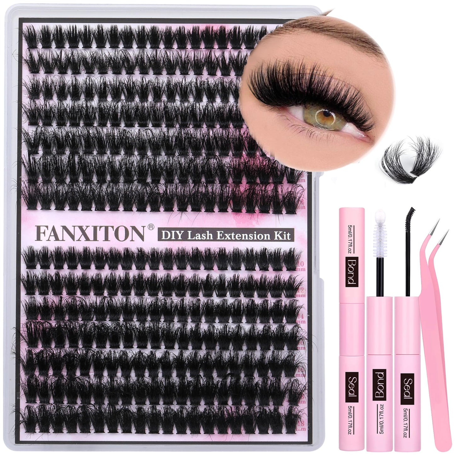 FANXITON Fluffy Lash Clusters with Lash Bond and Seal Waterproof, 10-18 mm D Curl Volume Lash Extension Kit 280 pcs Individual Lashes Lash Clusters Kit and Tweezers Thick DIY Eyelash Extension Kit