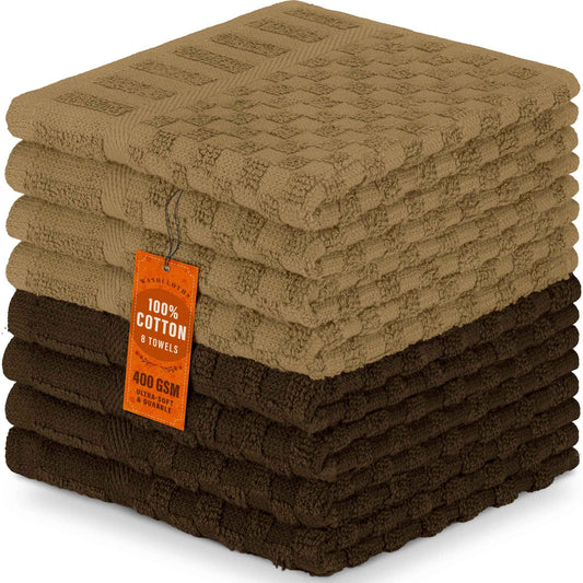 DecorRack 8 Pack 100% Cotton Wash Cloth, Luxurious Soft, 12 x 12 inch Ultra Absorbent Jacquard Towels, Machine Washable Washcloths, Cappuccino Set (8 Pack)