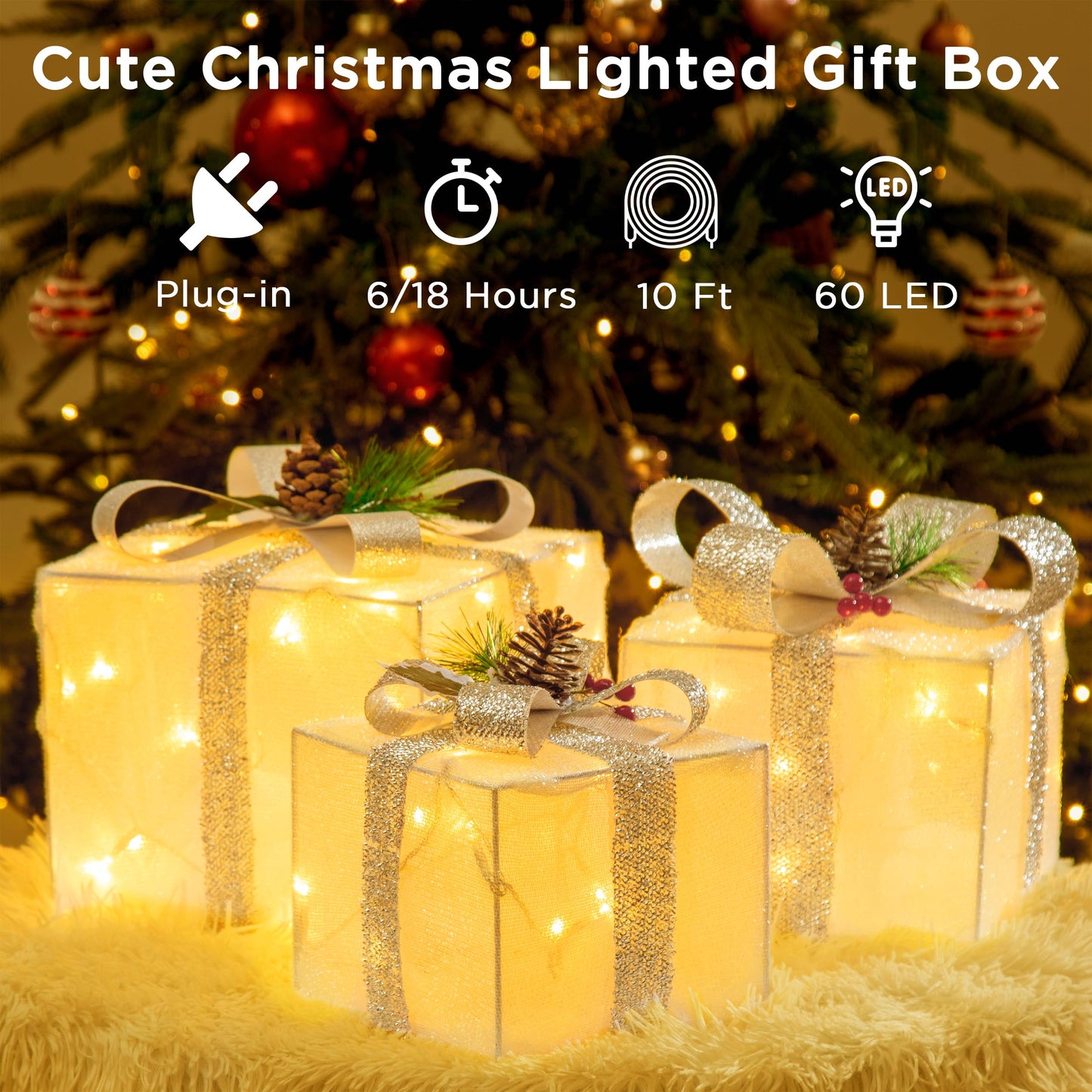 Set of 3 Plug-in Christmas Lighted Gift Boxes, Pre-lit 60 LED Light Up Decorations, Outdoor Christmas Decorations Indoor Outside Porch Yard Christmas Tree Lighted Display, White