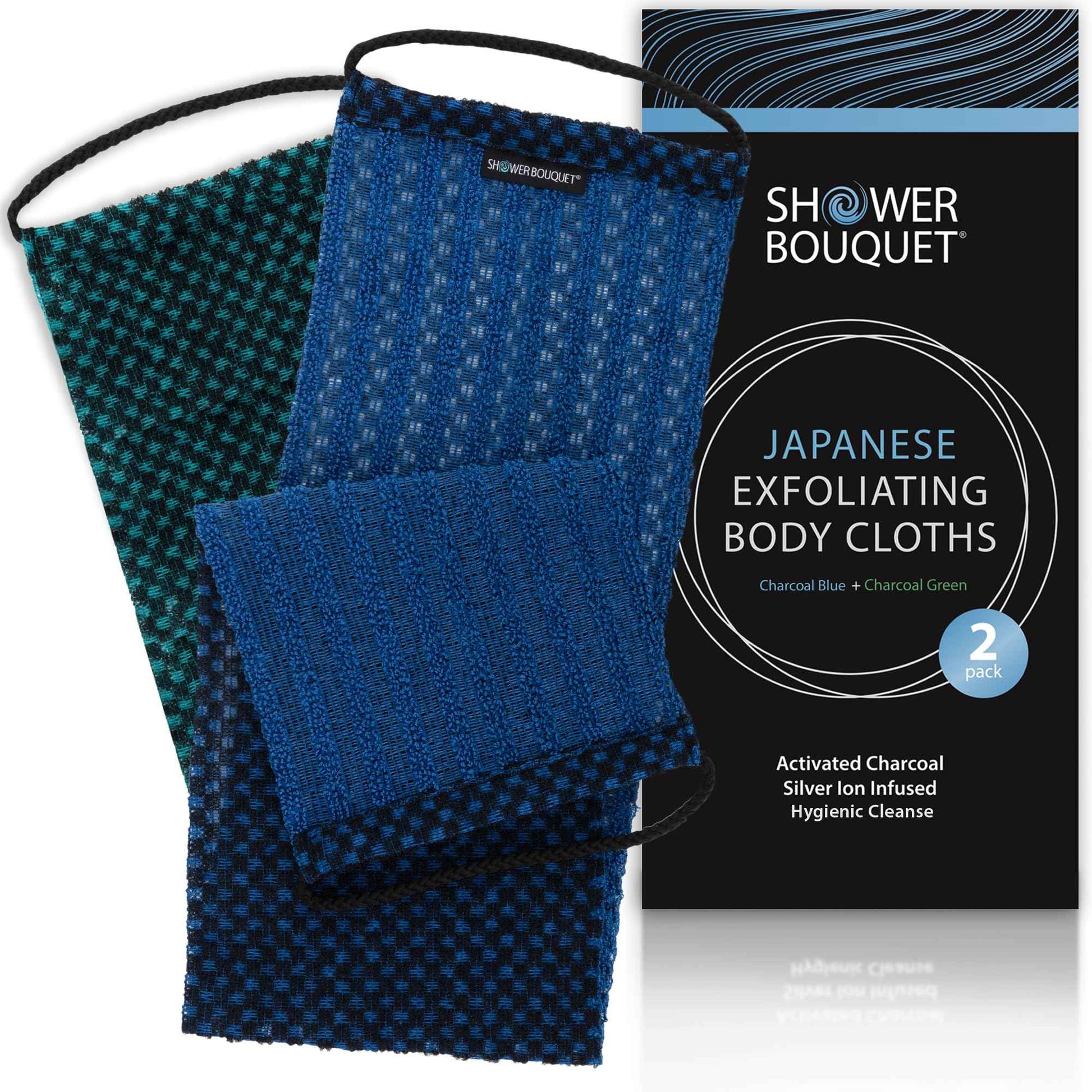 Japanese Exfoliating Washcloth for Back & Body 2-Pack - Charcoal & Silver Ion Exfoliating Towel with Handles - Two-Sided Gentle Exfoliation & Deep Cleanse Body Wash Cloths for Shower - 1 Blue, 1 Green