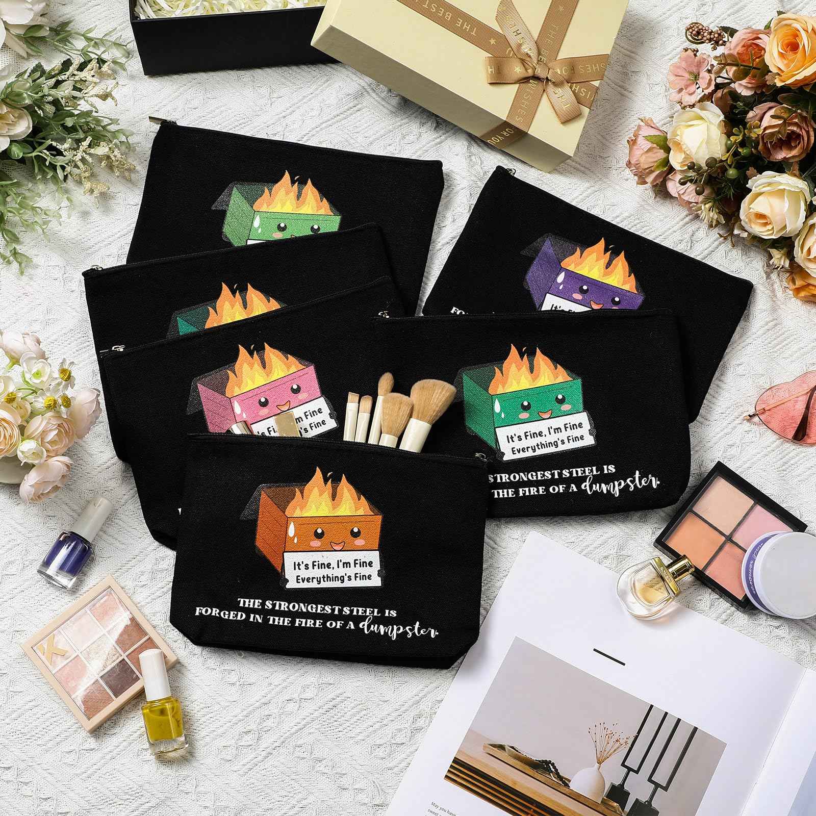 Reginary 6 Pcs Emotional Support Dumpster Fire Cosmetic Bag Gift Christmas Employee Appreciation Gift Bulk Funny Makeup Bag Canvas Pouch for Coworker Staff Team Volunteer Teacher Nurse, 6 Style(Black)