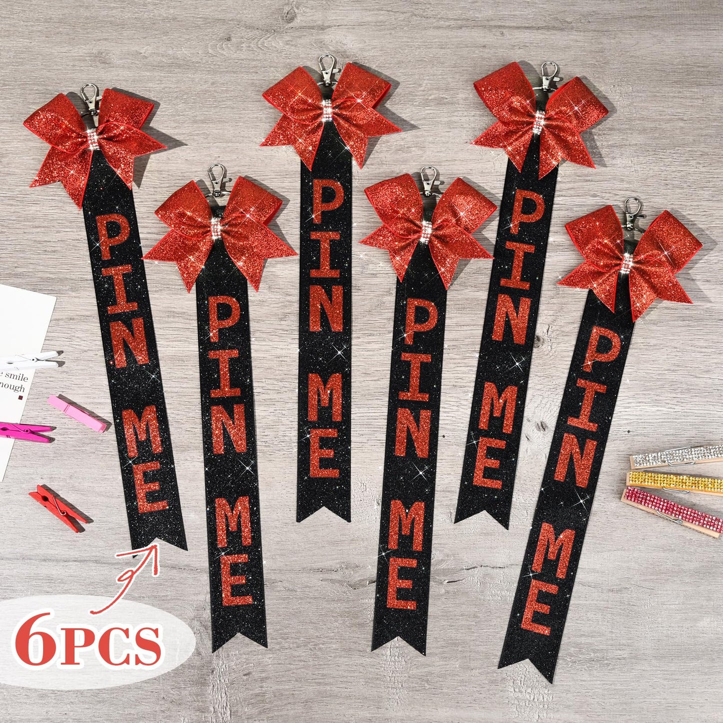 Aileam 6 PCS Cheer Pin Me Ribbon Keychain with Rhinestones, Red/Black, Cheerleading Sports Accessory for Teen Girls