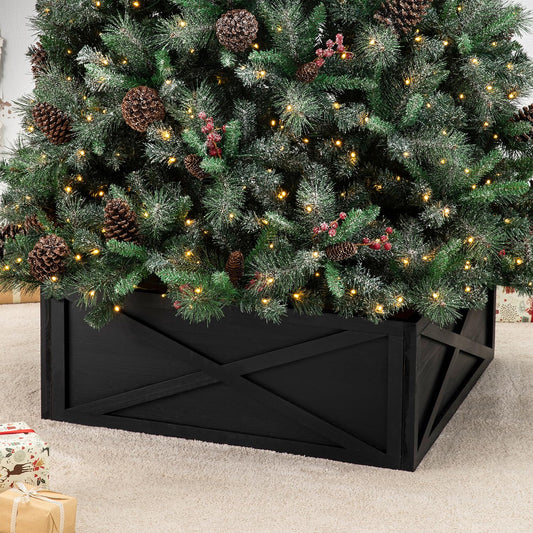 Glitzhome 32" L Black Wooden Tree Collar Tree Stand Cover Christmas Tree Skirt Tree Box for Xmas Holiday Decorations Tree Ornaments