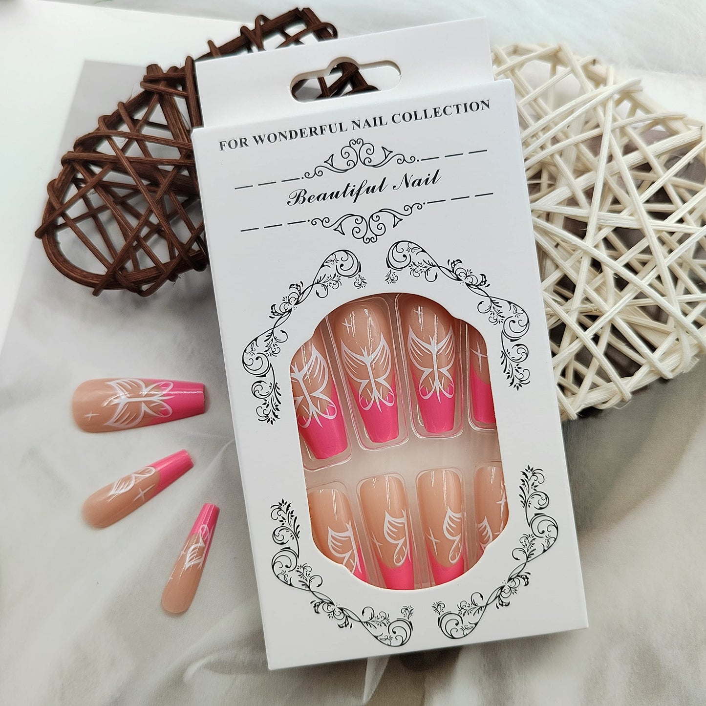 Pink French Tip Press on Nails Long Coffin Fake Nails Artificial False Nails with White Butterfly Design Nude Full Cover Stick on Nails Glossy Glue on Nails for Women Acrylic Nails 24 Pcs