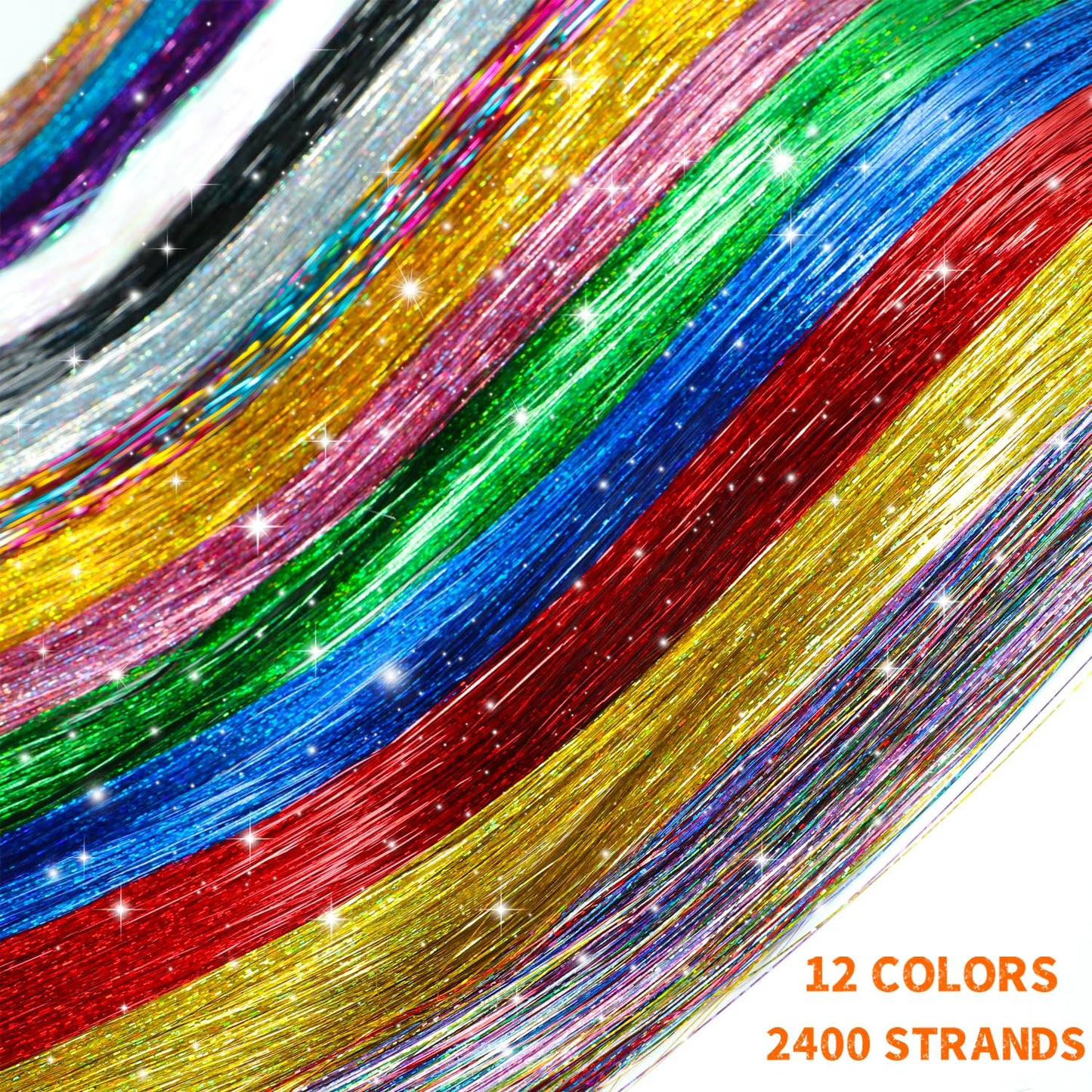 Hair Tinsel Kit 48 Inches 16 Colors 3200 Strands Tinsel Hair Extensions Kit with Tools Fairy Hair Tinsel Heat Resistant Highlights Sparkling Glitter Hair Extensions Hair Tensile Kit for Women Girls