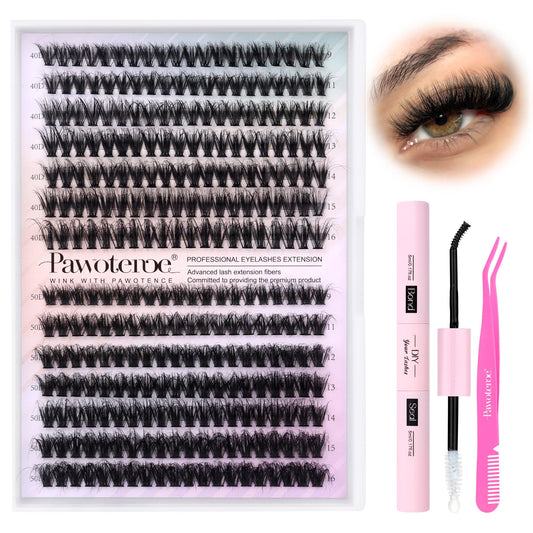 Pawotence Lash Extension Kit DIY Fluffy Individual Lash Clusters Kit D Curl with Lash Bond and Seal and Lash Applicator, 9-16mm Clusters Eyelash Extension Kit at Home (Fluffy 40D+50D-9-16MIX KIT)